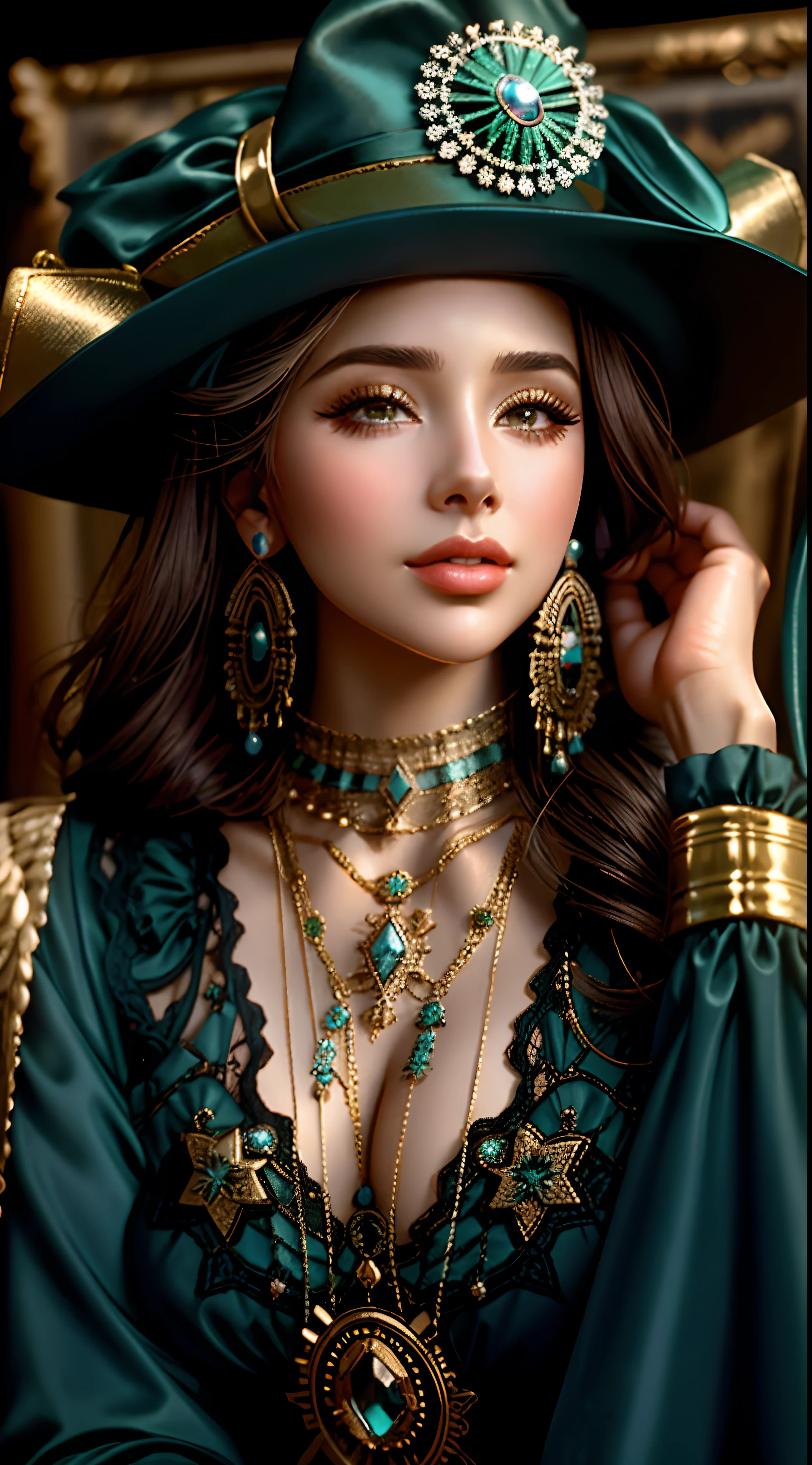 A closeup of a woman wearing a hat and necklace, Olivia Culpo como Milady de Winter, Mulher mexicana bonita, inspirado em Hedi Xandt, mulher linda, joias ricas nativas, gorgeous stella maeve magician, Retrato Demi Rose, usando uma roupa ornamentada, Bela Stella Maeve Maga, Retrato por Demi Rose, lovely bohemian princess