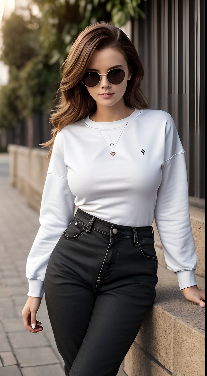 [super detailed photo, hyper realistic, DSLR, 8k, High resolution, urban girl photography, high quality, Uhd, low angle shot ], 1girl, long hair, brown hair, blue eyes, confident smile, sexy lady,  urban background , black full sleeve sweatshirt, baggy black jeans, white sneakers, sitting, long pants, attitude posture, oval perfect shape, asymmetrical face structure, perfect proportion, red sunglasses, , brown hair color, 32 inch breasts, hourglass figure, slim body, pale white skin tone ,sexy girl, 21 years old, soft wavy hair, volumious marilyn cut, looking away, pale skin, fresh look, seductive posture