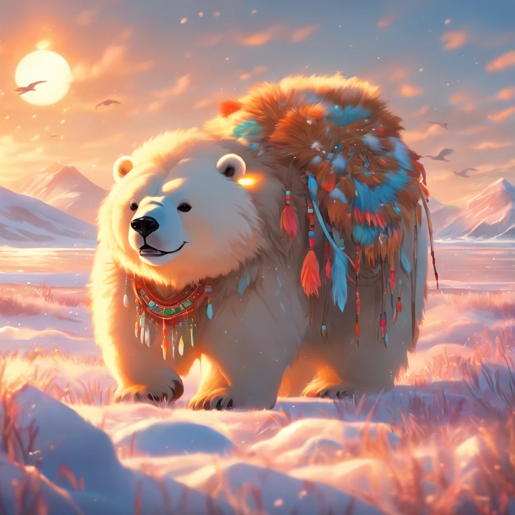 Spring Tundra, Clear sky and breeze blowing hair, Birds are flying, Old Yakut-Chukcha, Aleutian, in national clothes made of animal skins and fur with bright colored ornaments, Hood with fur folded back, The wind develops bright ribbons with national beaded patterns, Sits on a large genuine leather bag, On a huge ice floe of iceberg next to a small jukebox, Smiling. In-ear futuristic music audio headphones with glowing wires for music. The ocean in the background. There are a lot of walruses nearby, Wild Polar Bears. Masterpiece, hiquality, High Resolution, Detailed background, sun rising,