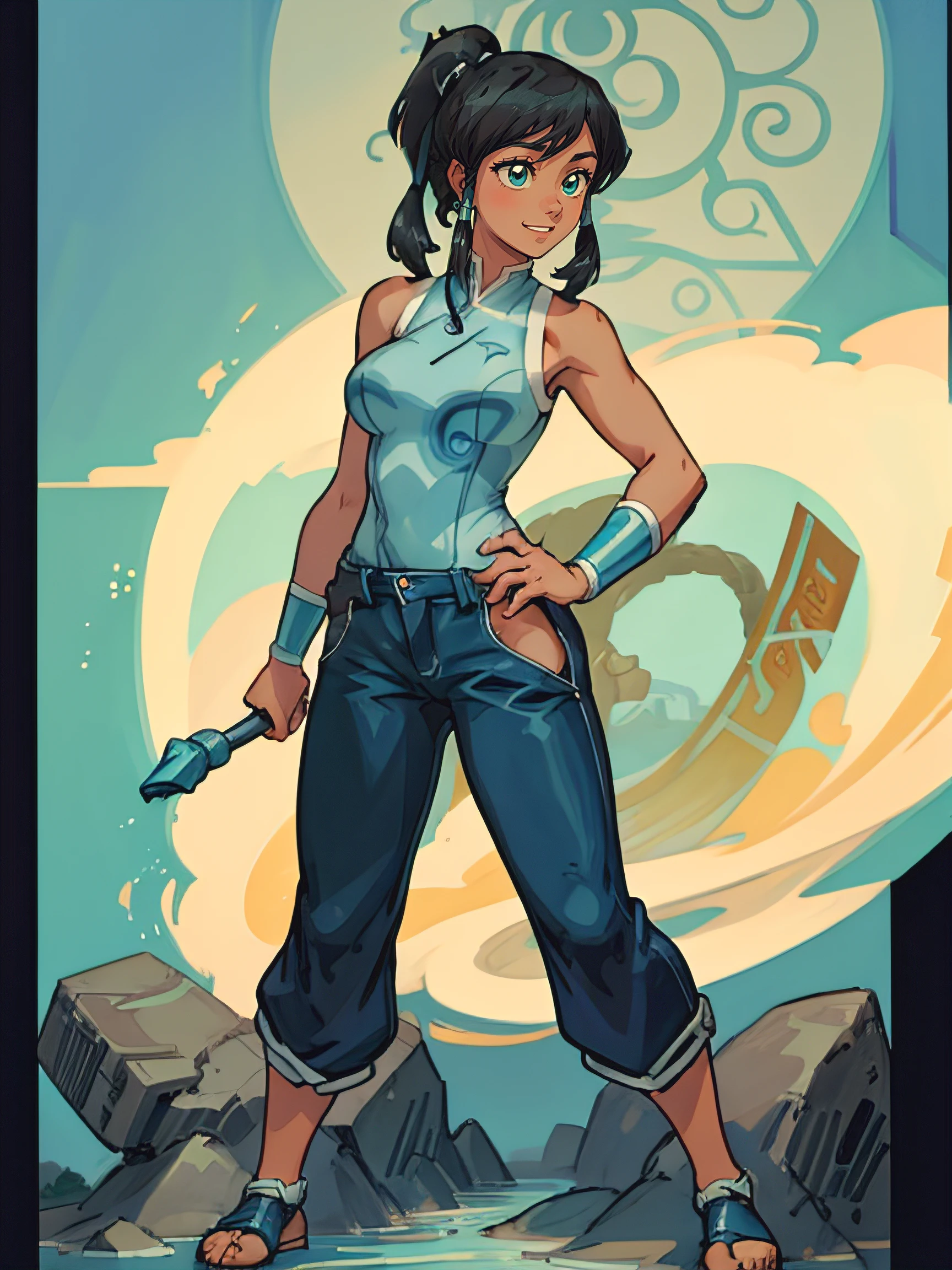 1girl, solo, (masterpiece), best quality, ultra-detailed, Korra from Avatar, Retro style, full body. fashion cloth, fancy. waterbending, happy, sexy smiling, ninja pants, darker skin