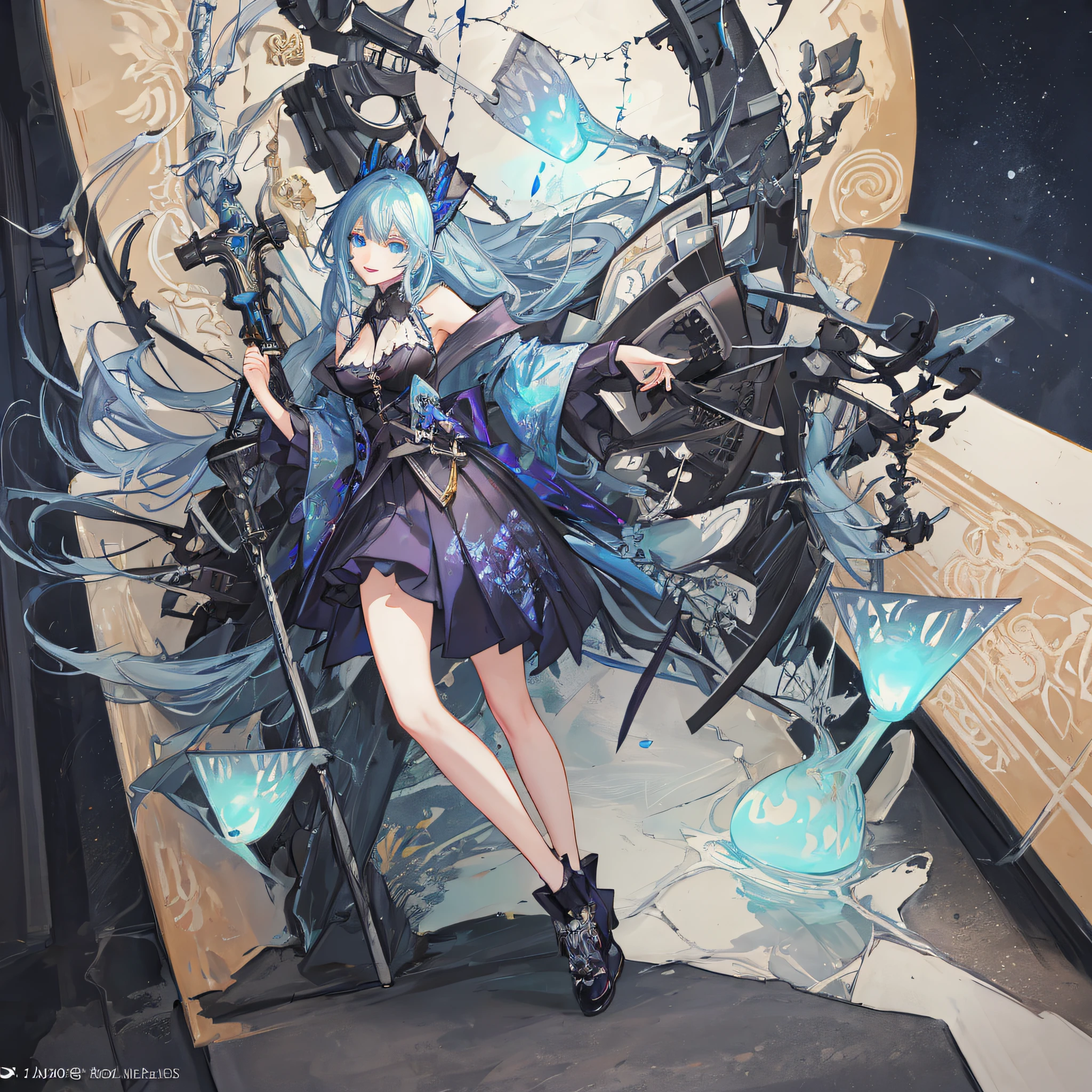 A unique goth musician girl with long hair, radiating happiness and joy in a full body portrait. Her beautiful anime waifu style is brought to life in a hyperdetailed painting, reminiscent of the works of Carne Griffiths and Wadim Kashin. The luminism technique used in this piece adds a mesmerizing glow to the scene, while the 4k resolution allows for every intricate detail to be captured. As a special touch, fractal isometrics and bioluminescence are incorporated into the background, creating a stunning and otherworldly atmosphere.