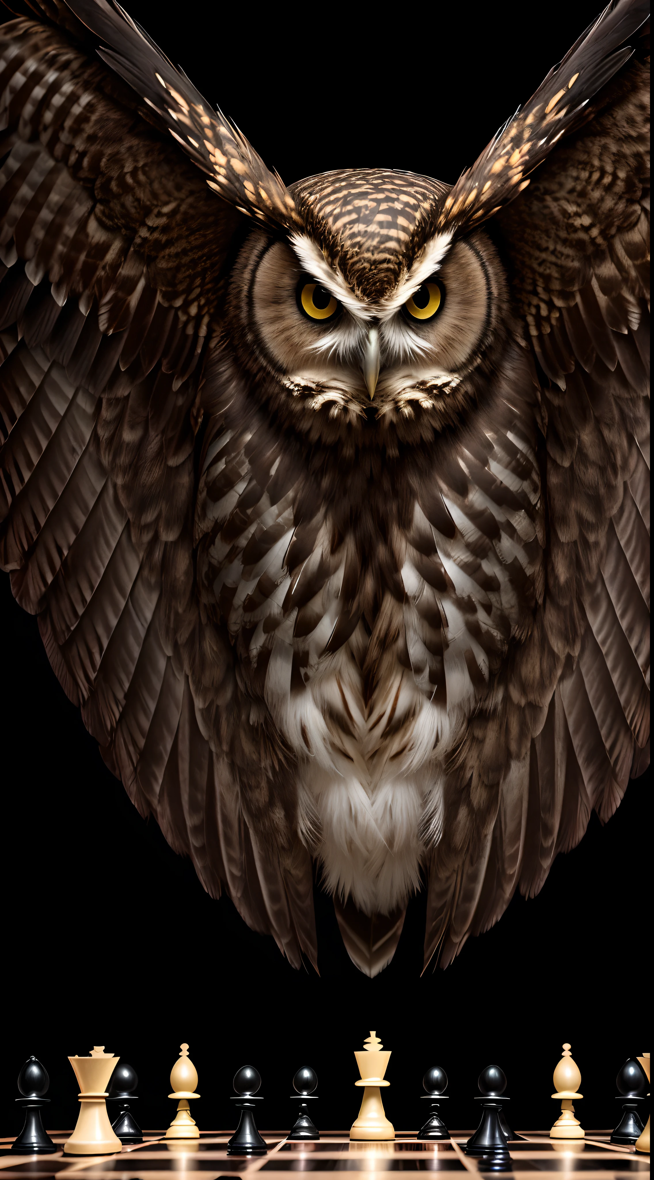 Altas,14k,HDR,1girl, fotorrealista, Realistic, Photo RAW, realístic two a computer wallpaper with only one owl:1.3 imposing with a mysterious look, wings open wings and claws in POWERFUL position, insanely detailed photography super detail, ccurate, best quality, UHD, master piece, looking_to_viewer:1.3 ccurate, high quality, High details, Wallpapper , looking at camera, Super Detail, Awarded, best quality, Feathers in very high texture detail, 16k, hyper detailed, intrinsically detailed, artstation trend, luxury, volumetric lighting, best shot, F/1.2, best quality, Awarded, 16k, Super Detail, UHD, Fujifilm,, Chess-erased-dark-background:1.4 Realistic,,, Perfect lighting, high quality, filmic grain, fujifilm XT | 16k, cinemactic,