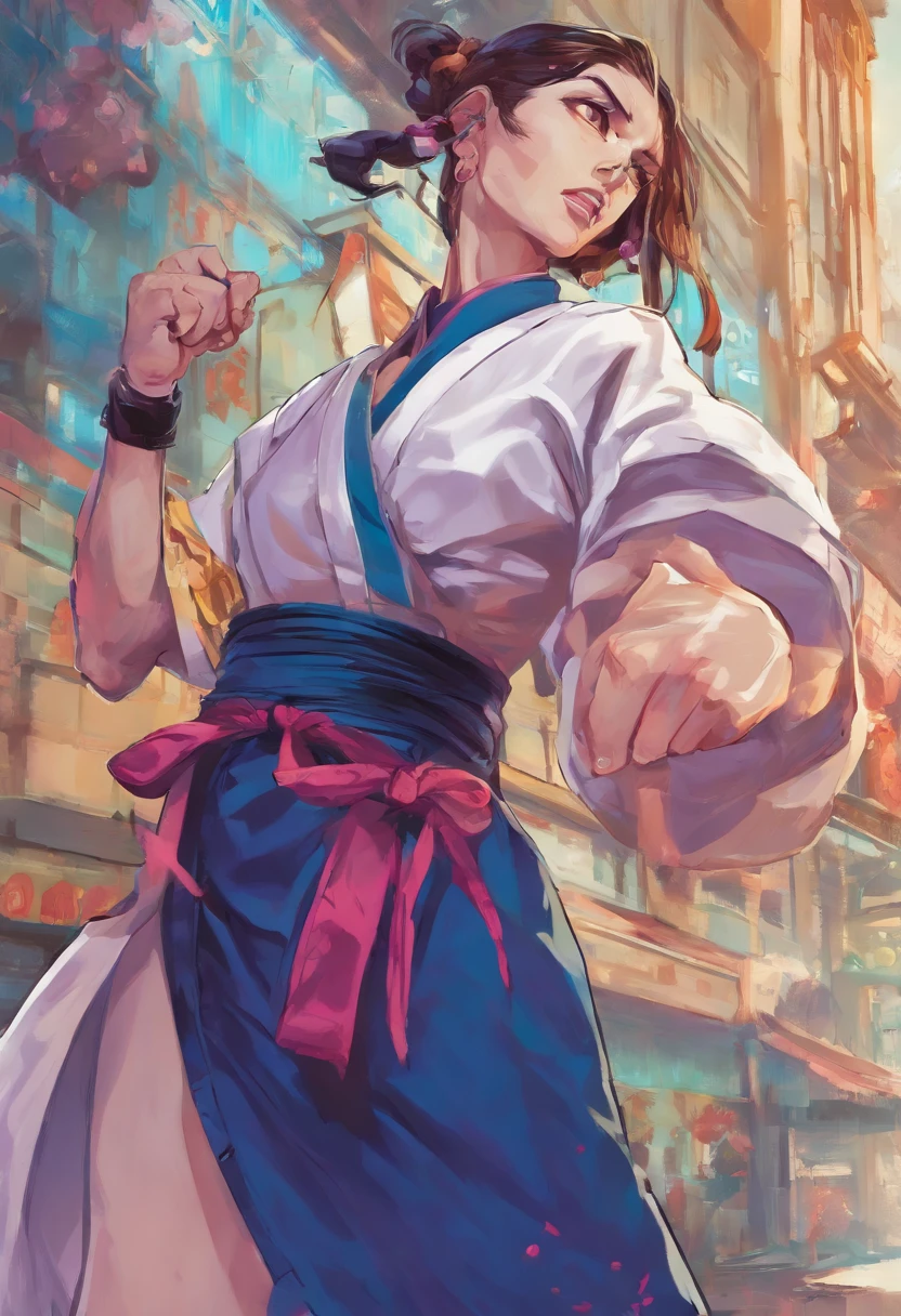 1imujer, pale-skin, cabello largo azul oscuro, peinado Hime cut, ojos blancos, pechos grandes, camisa sin mangas tipo kimono, lavanda oscuro, Obi ?????, blue shorts, translucent black leggings, botas negras