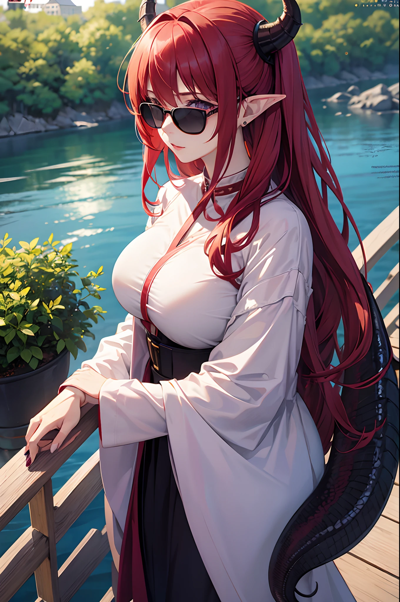 Cover magazine, solo, 1woman, anime, woman, Onee-san, adult woman, mommy, solo, long hair, unusual hairstyles, red hair, purple eyes, sharp ears, model, actress, beautiful, dragon, soft smile, dragon horn, casual clothes, casual style, big breast, Sunglasses, lipstick