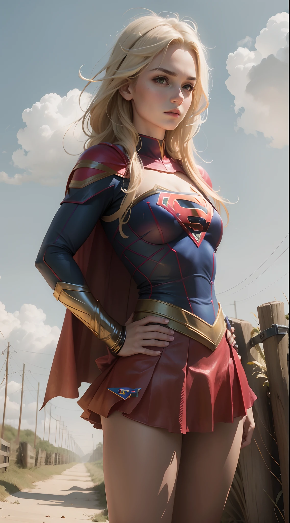 Uma mulher usando cosplay de Supergirl, Long Blonde Hair Farm Arms Crossed Body Set