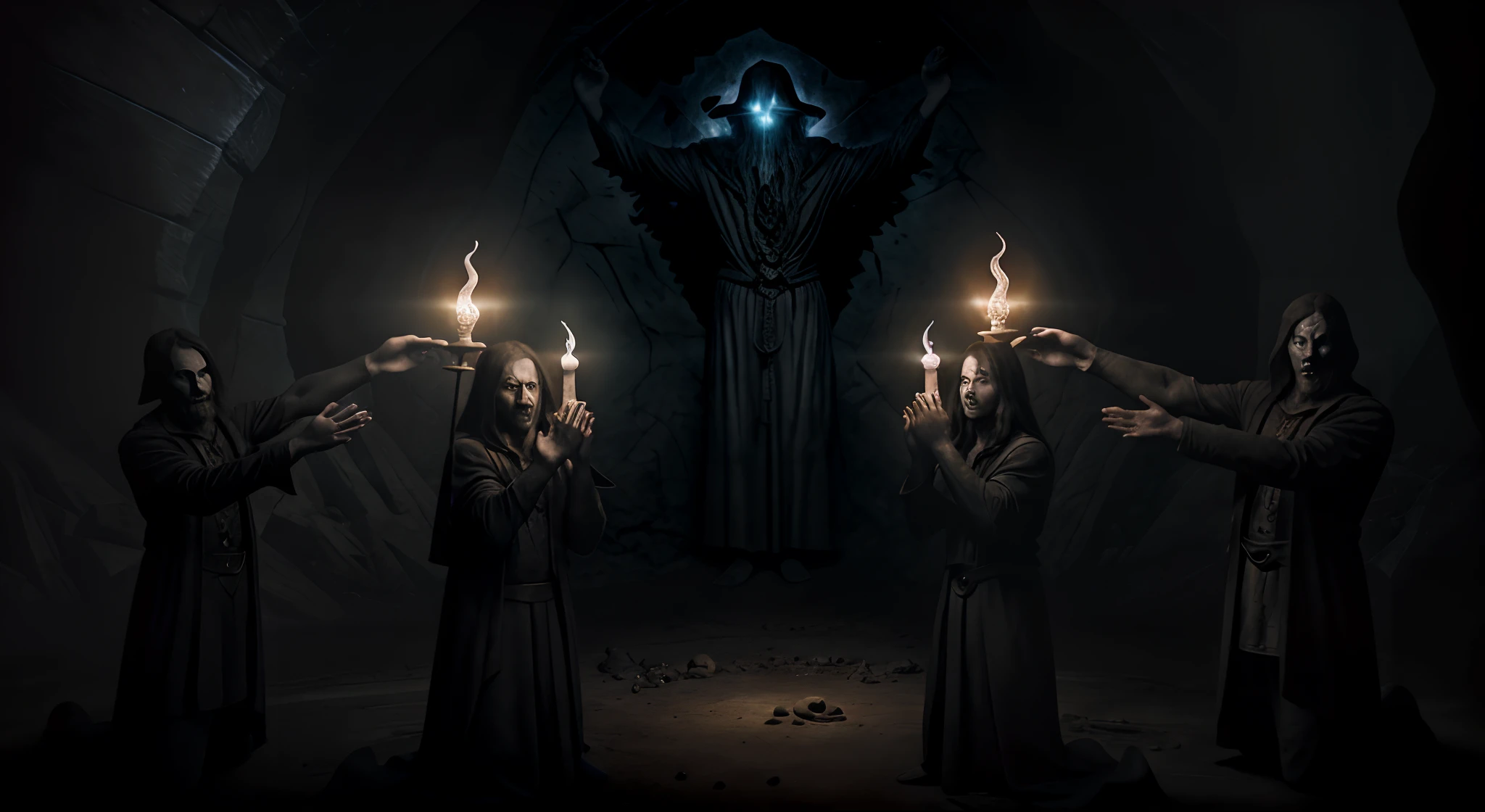 wizards praying in dark cavern, dramatic lighting, cinematic, creepy scene, dark ritual, high quality mystical art 16k
