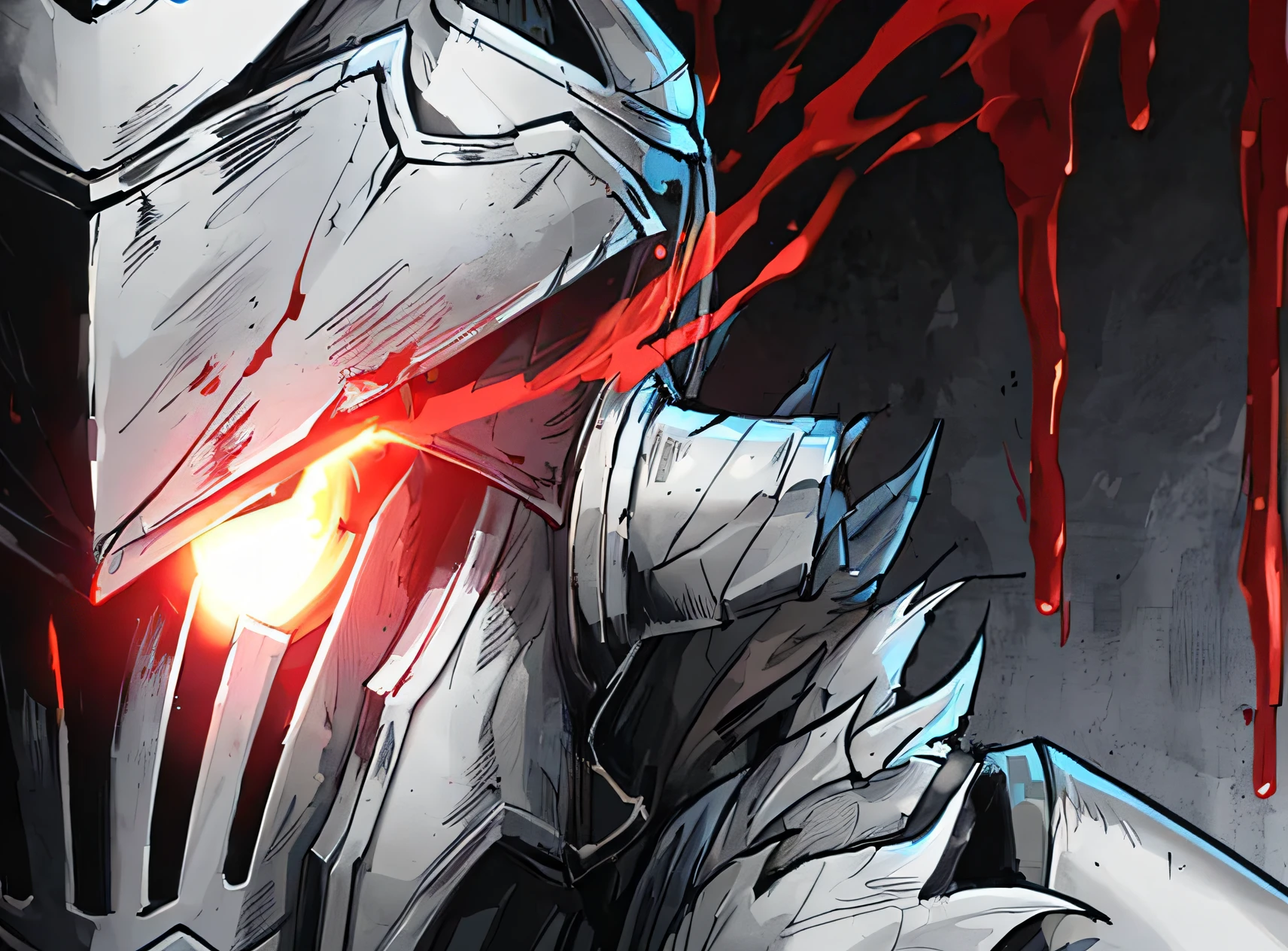 masterpiece, best quality, portrait of human goblin slayer, 1boy, flaming eye, armor, helmet the same as image, black armor, blood, full armor, glowing, glowing eye, helmet, knight, male focus, plume, solo,
