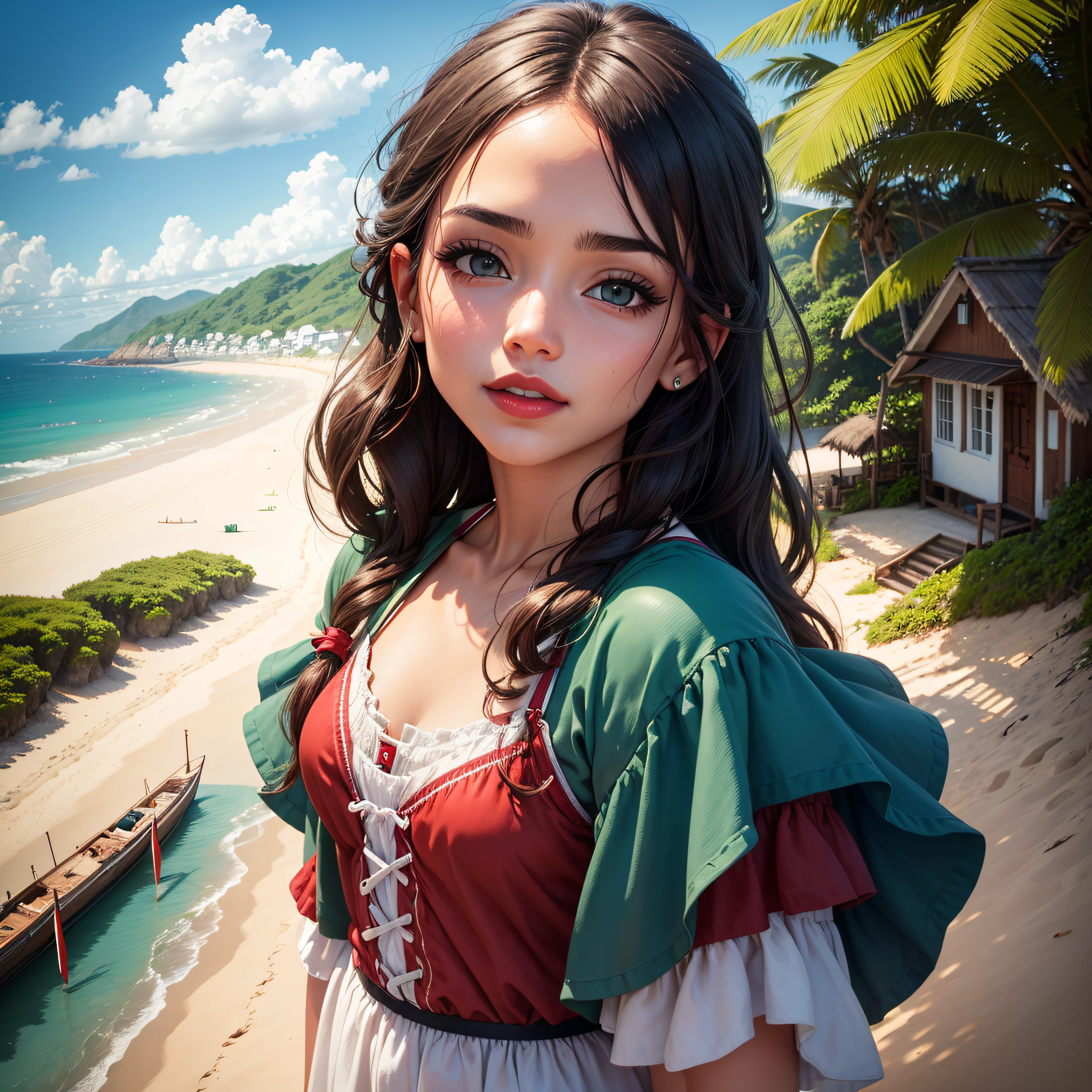 (Jesica Alba :1.1) red lips, green eyes at a Seaside cottage, Blue sky, Brasil, small boats, the detail, 8k HD, best quality,ultra - detailed, Illustration,Best