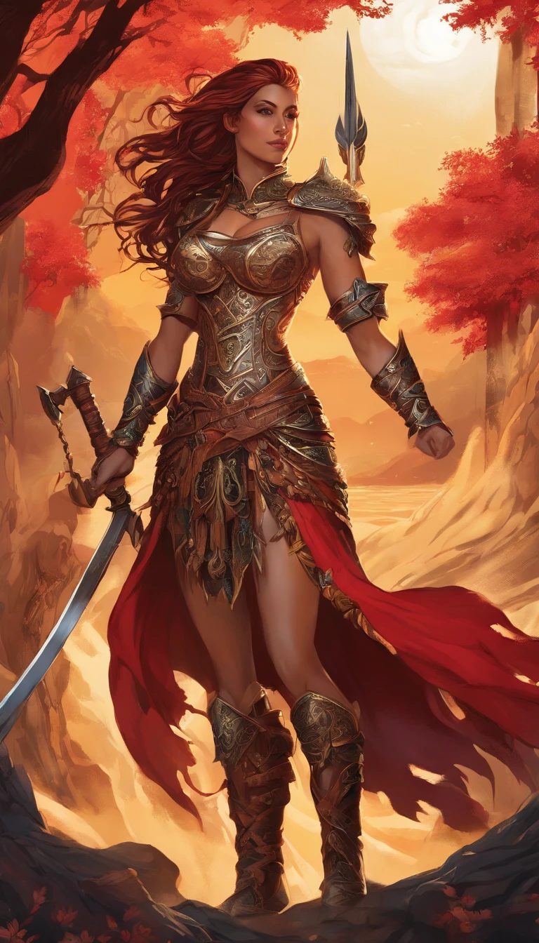 Tall muscled defined arms woman, barbarian, detailed armor, red and gold engraved leather armor, intricate designs on the armor, intricate armor engravings, imposing and powerful stance, fierce expression, red wild mane braided hair, dynamic pose, intense battle scene, fantasy setting, vibrant colors, dramatic lighting, epic atmosphere, warhammer, attention to anatomy and facial features, iconic use of highlights and shadows, capturing emotion, masterful composition, portraying strong female characters.
