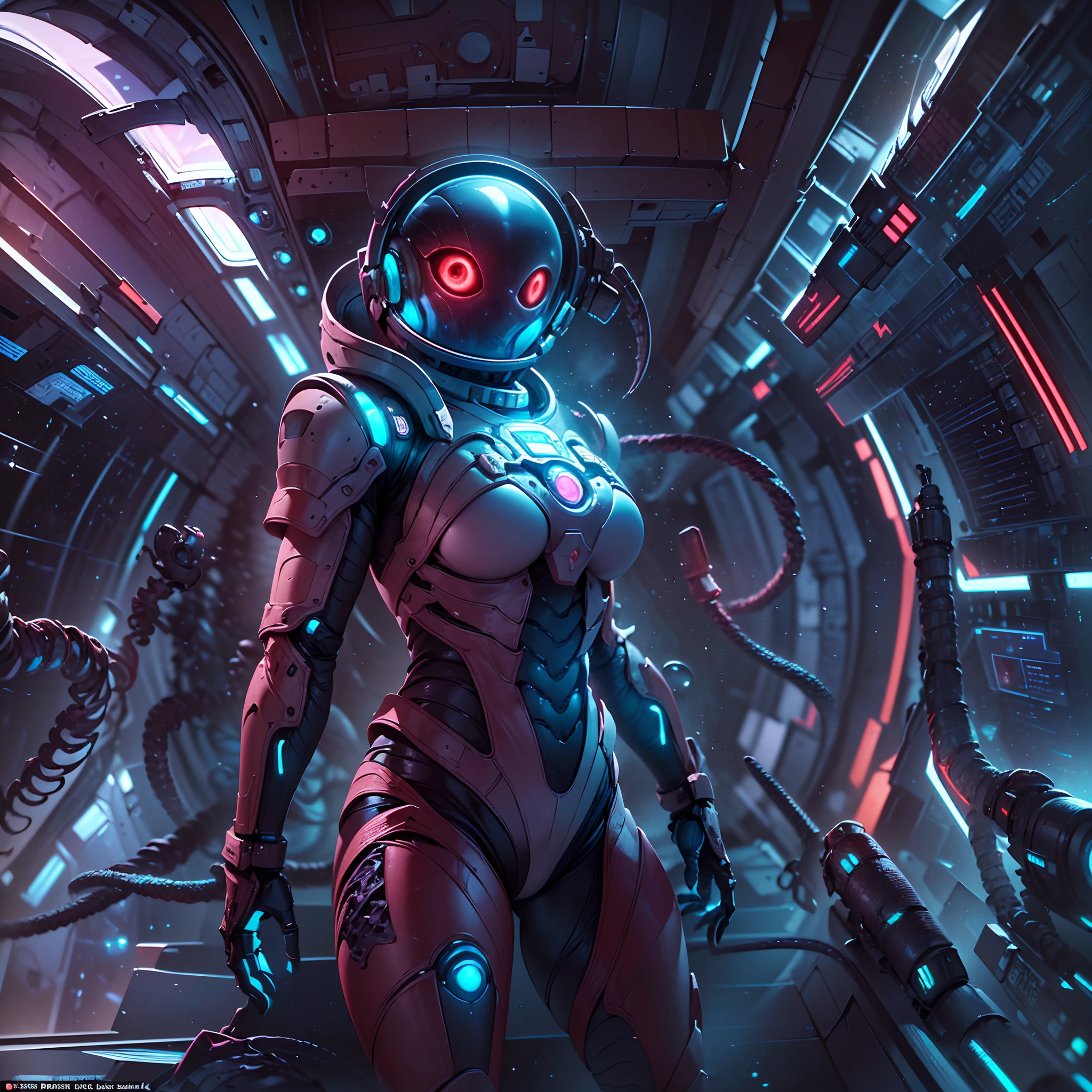 One-eyed,(Human female armor）Naval space combat suit aircraft ,Simple glass helmet，,(space backdrop，Dynamic stance，Beckoning to the camera:1.5)， with clean lines，Compact，Slim overall，Conforms to the curve of a person，deep colour，There are biological ribs，There are glowing veins on the surface. A futuristic，Jet steam waves，Huge cosmic environment，EVA on the back is a mixture of carapaces, Technology, and electronics. Dramatic, Best quality, Real, Super detailed, 8K, Intricate elegance， fanciful， A detailed， Designed by Greg Rutkowski and Alphonse Mucha， Gradient lighting，