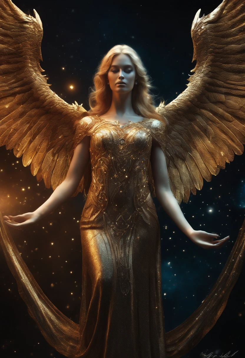 cosmic fallen angel, olhos claros brilhantes, Biomechanicals, estranho, assustador, Pesadelo, cores muito brilhantes, light particles, com luz brilhante, Mshiff, Arte do papel de parede, Papel de parede UHD