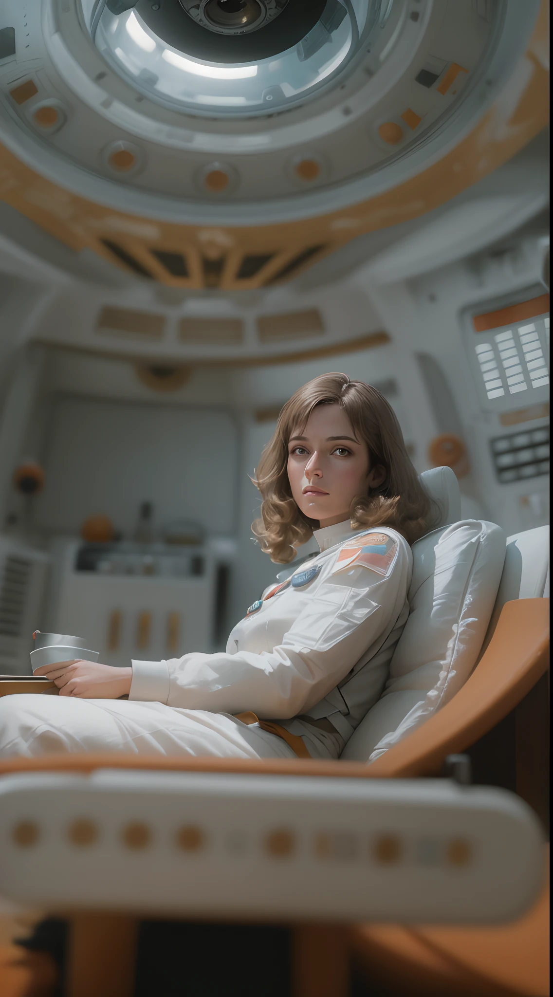 ((Best quality)), ((Masterpiece)), ((Realistic)), Color film 35mm 1976, Pulp sci-fi, director:Fred Wilcox, Female astronauts photographed on a Mitchell BNC camera, Sit in a chair with a glass dome overhead, analog photograph, author:Stanley Kubrick, Wide shot, Solo, Daylight, Eye-level, scenic, Masterpiece :0.5. Highly detailed digital art masterpiece, Smooth cam de soft light, Ground angle HD 8 K, Sharp focus :0.5