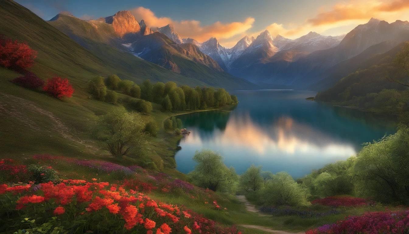 (best quality, highres:1.2), ultra-detailed, 3D rendering, breathtaking realistic landscape, vivid colors, sharp focus, HDR, professionally crafted, stunning lighting, detailed foliage, impressive mountains, realistic water reflections, vibrant flowers, majestic panoramic view, dramatic sky, immense depth, picturesque scenery, peaceful atmosphere, soothing color tones, expertly composed, fine details, astoundingly lifelike, masterful craftsmanship