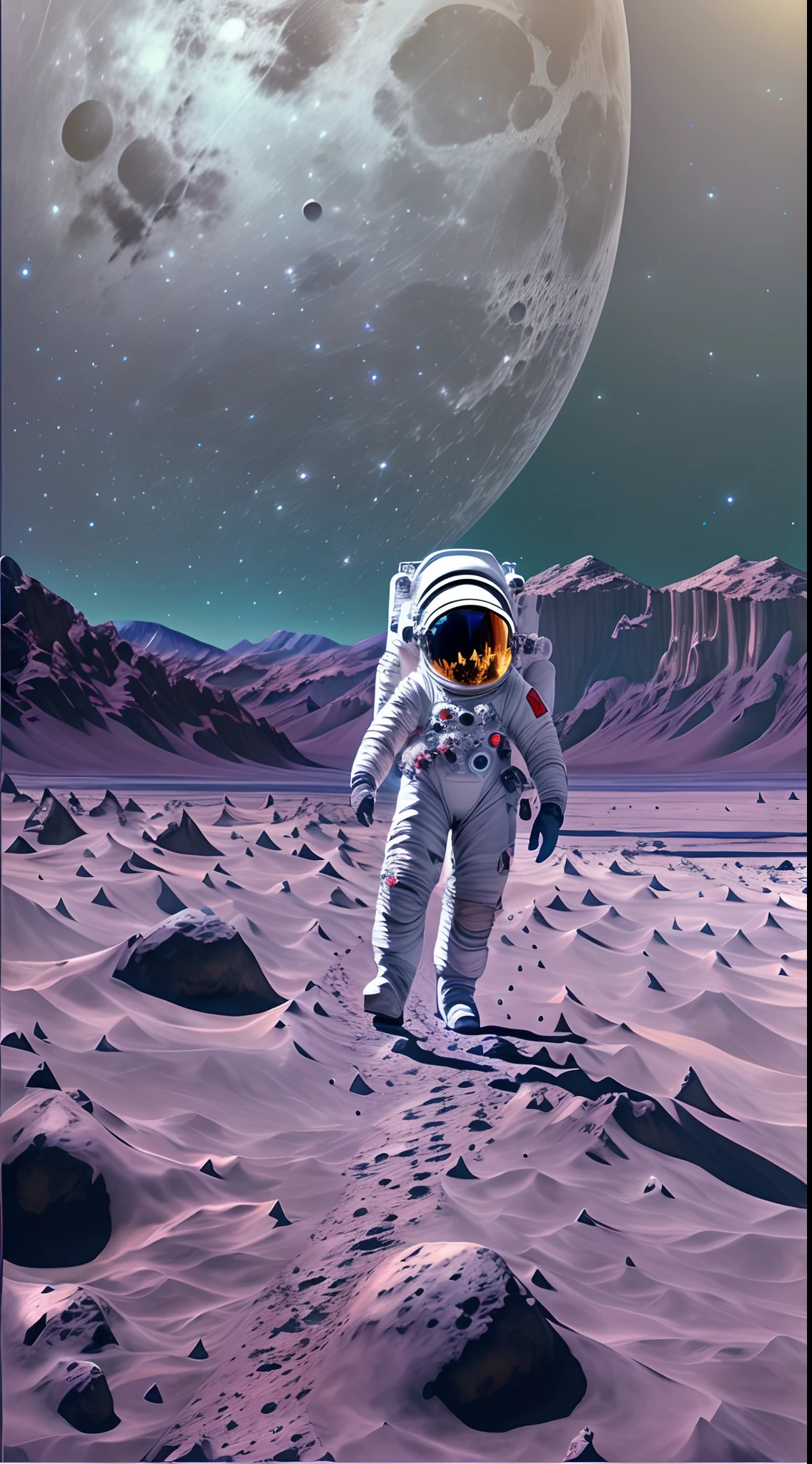 An astronaut walks on the moon,Wearing a spacesuit,Astronaut helmet,Zero gravity,Moon Rock,deep space exploration,universe background,Twinkling stars in the distance,Spectacular views of the earth,Expansive panorama of outer space.