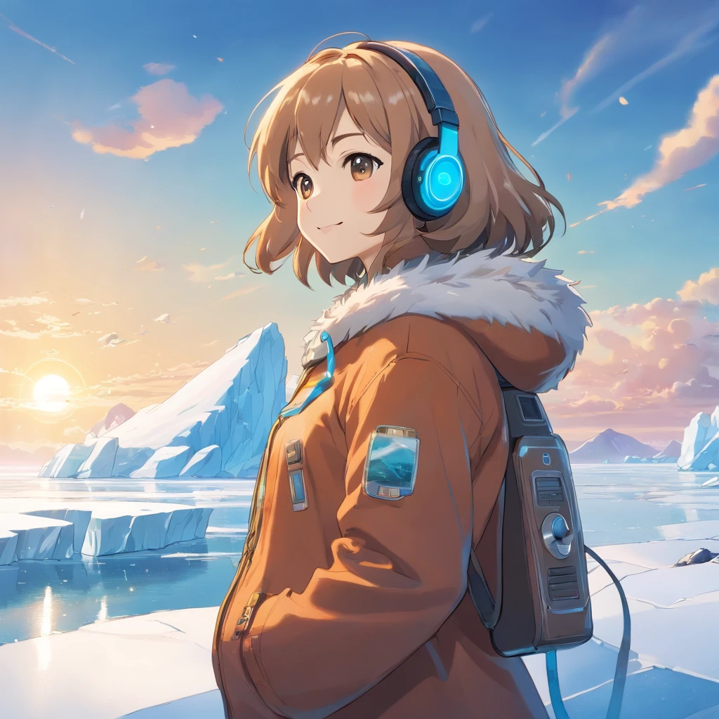 Spring Tundra, Clear sky and breeze blowing hair, Birds are flying, Old Yakut-Chukcha, Aleutian, in national clothes made of animal skins and fur with bright colored ornaments, Hood with fur folded back, The wind develops bright ribbons with national beaded patterns, Sits on a large genuine leather bag, On a huge ice floe of iceberg next to a small jukebox, Smiling. In-ear futuristic music audio headphones with glowing wires for music. The ocean in the background. There are a lot of walruses nearby, Wild Polar Bears. Masterpiece, hiquality, High Resolution, Detailed background, sun rising,