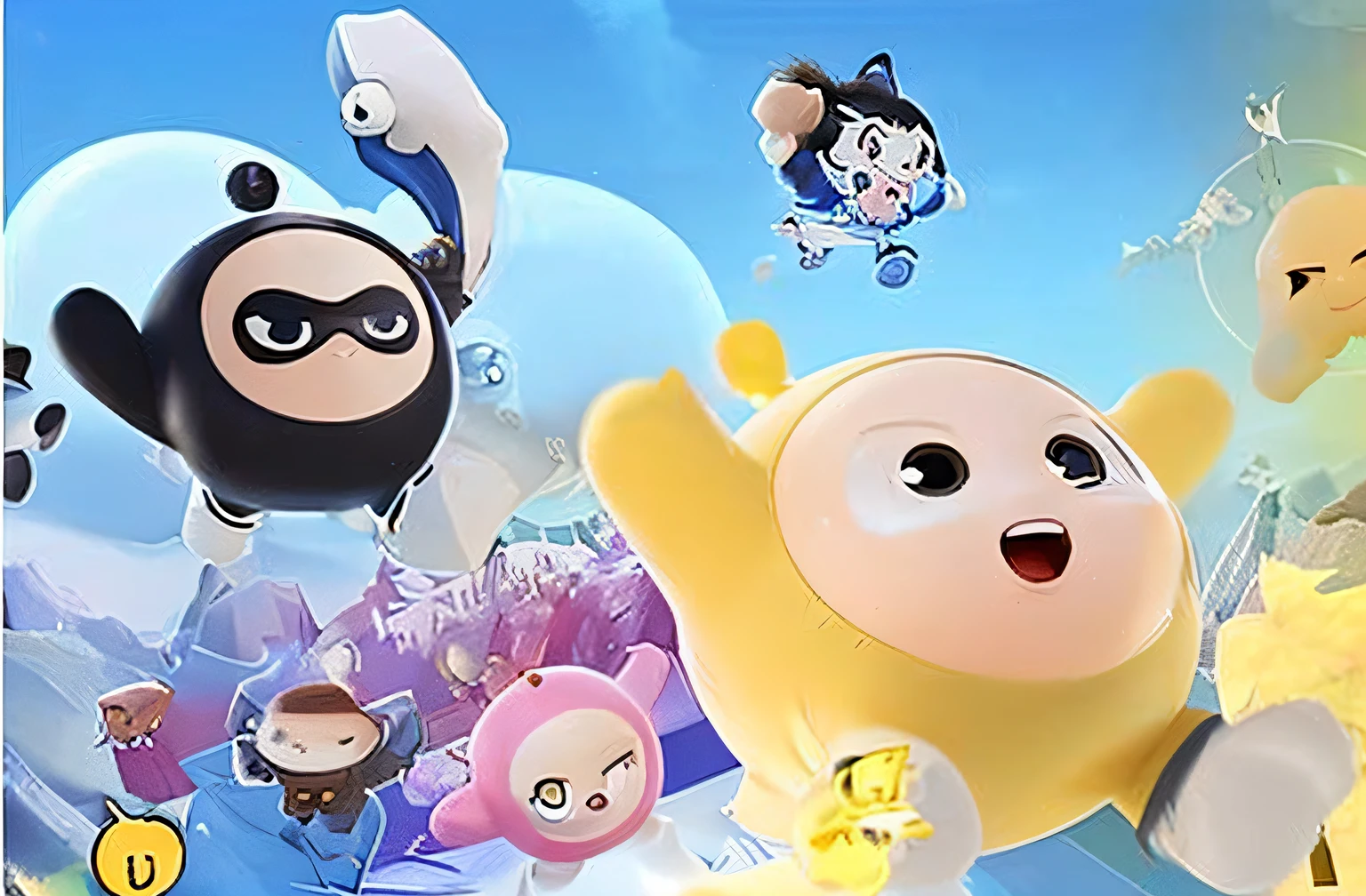 Close-up of cartoon characters with many other characters, film promotional image, promotional art, Game CG, Today's featured anime stills, promo image, Promotional image, 9K, 9 k, mobile game, Autumn people, Cartoon Network, Wanda, 2 d cg, front cover of a new video game, character is flying, 3D characters, Game characters