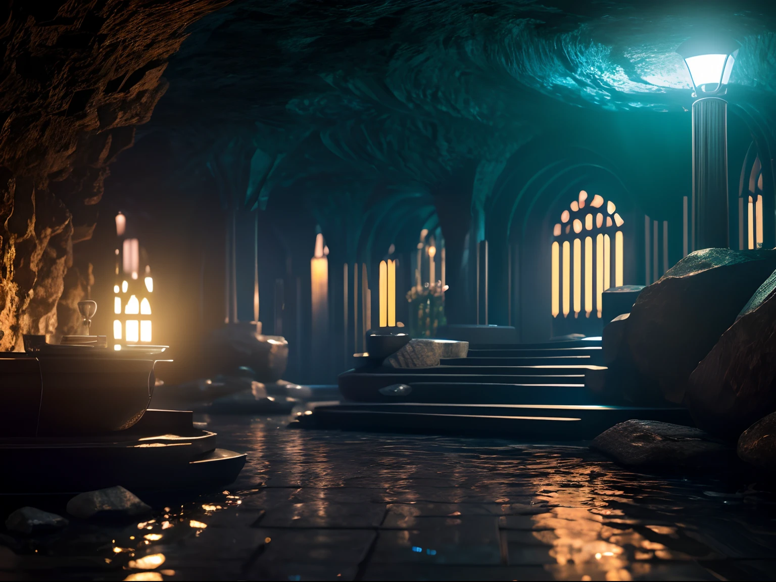 ( Masterpiece) create an image of a network of underground caves made of candlelights forming a flower, atic, Color Grading, portrait Photography, Ultra - Wide Angle, Depth of Field, hyper - detailed, beautifully color - coded, insane details, intricate details, beautifully color graded, Unreal Engine, Cinematic, Color Grading, Editorial Photography, Photography, Photoshoot, Shot on 70mm lens, Depth of Field, DOF, Tilt Blur, Shutter Speed 1/ 1000, F/ 22, White Balance, 32k, Super - Resolution, Megapixel, Pro Photo RGB, VR, Good, Massive, Half rear Lighting, Cinematic Lighting, Volumetric, Conte - Jour, Beautiful Lighting, Accent Lighting, Global Illumination, Screen Space Global Illumination, Ray Tracing Global Illumination, Optics, Scattering, Glowing, Shadows, Rough, Shimmering, Ray Tracing Reflections, Lumen Reflections.
