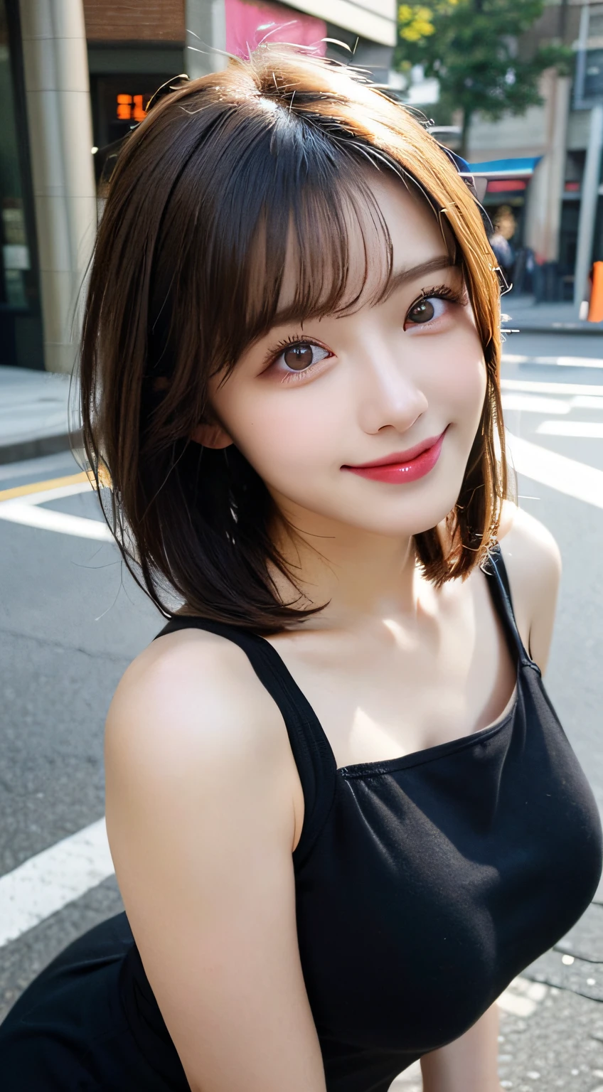 masuterpiece, Best Quality, Illustration, Ultra-detailed, finely detail, hight resolution, 8K Wallpaper, Perfect dynamic composition, Beautiful detailed eyes, doress,short cut Hair, Natural Color Lip, Random and sexy poses,Smile,Aoyama Street Walk、28 years girl,,(large breasts)