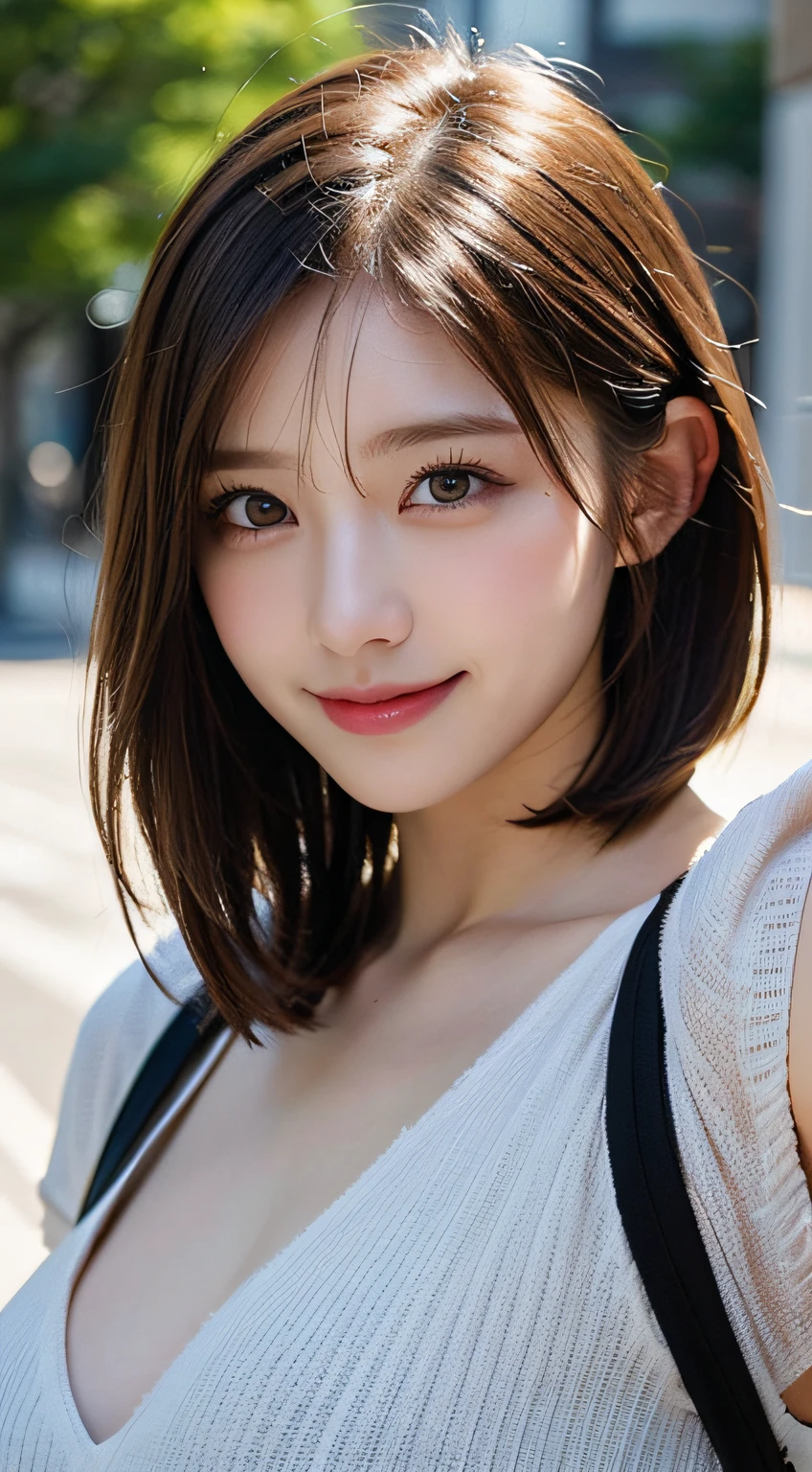 masuterpiece, Best Quality, Illustration, Ultra-detailed, finely detail, hight resolution, 8K Wallpaper, Perfect dynamic composition, Beautiful detailed eyes, doress,short cut Hair, Natural Color Lip, Random and sexy poses,Smile,Aoyama Street Walk、28 years girl,,(large breasts)
