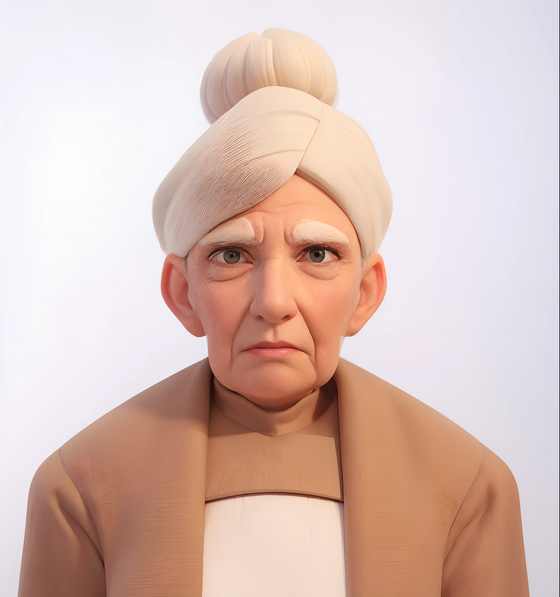 white background, ((3d rendered, cartoon)), An old lady, dark brown cardigan outer, cream color dress, white hair, hair bun, (stoop, flat chest), wizened face, thick white eyebrows, sad, lighting from the right,