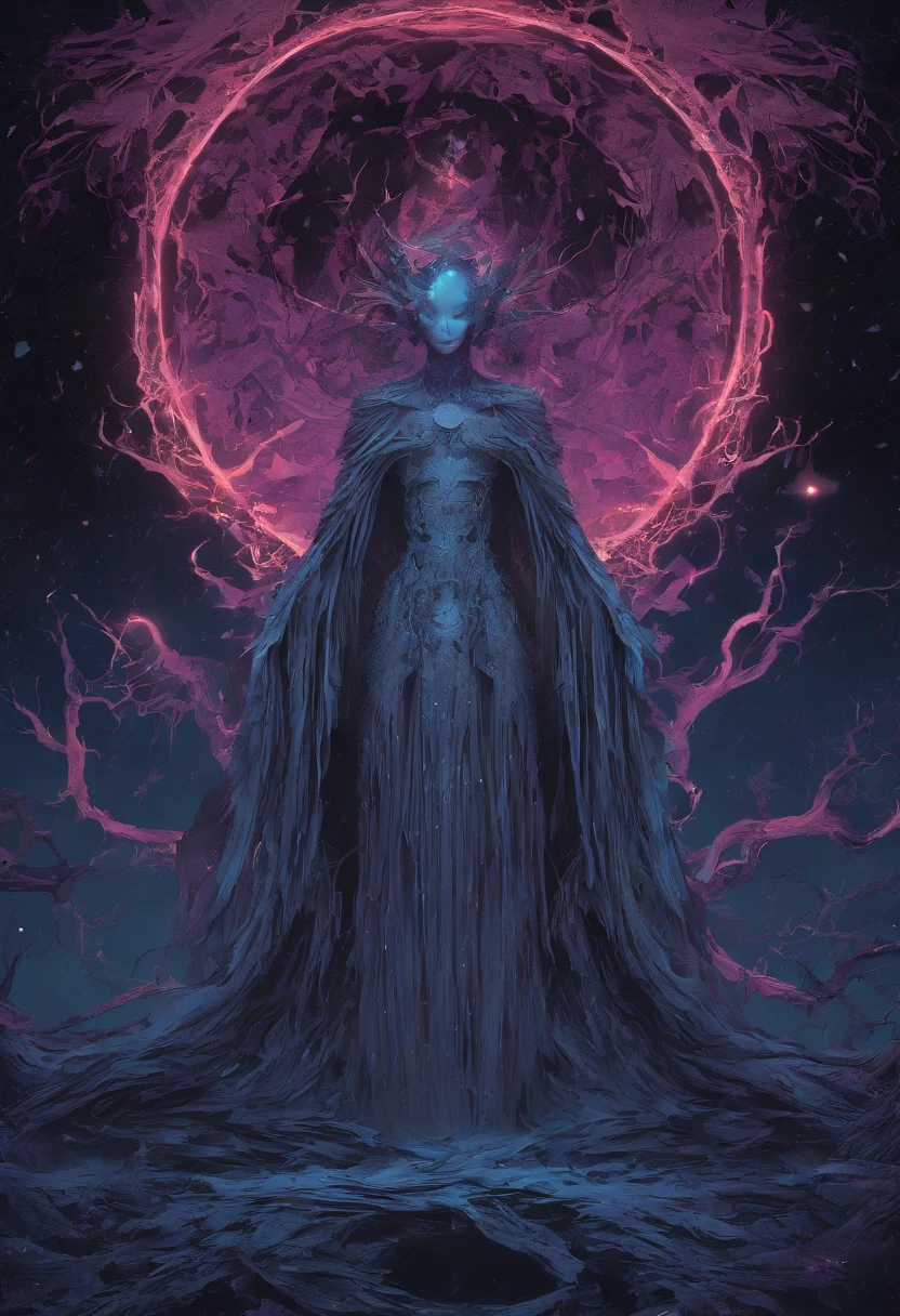 Cosmic horror, space opera, neon horror story Fallen Angel, Glowing light eyes, full body, vibes, dark gothic avant garde, nightmarish art, eldritch, Creepy, nightmarish, Very bright colors, light particles, with luminous light, Wallpaper Art, UHD wallpaper, album cover art by ((Ty Martinez, Trevor Henderson and Masahiro Ito)), dark and visually captivating art, sinister undertones, moody and atmospheric, holography, a dark twisted narrative is unfolding here, smooth directional lighting, cinematic composition by Dan Laustsen, unreal engine, Houdini VFX render, an absolute masterpiece, nightmarefuel, uncanny valley, dungeon punk, cathartic, analog horror, cgsociety, award winning, awe inspiring, wonderfully bizarre, scary and ominous