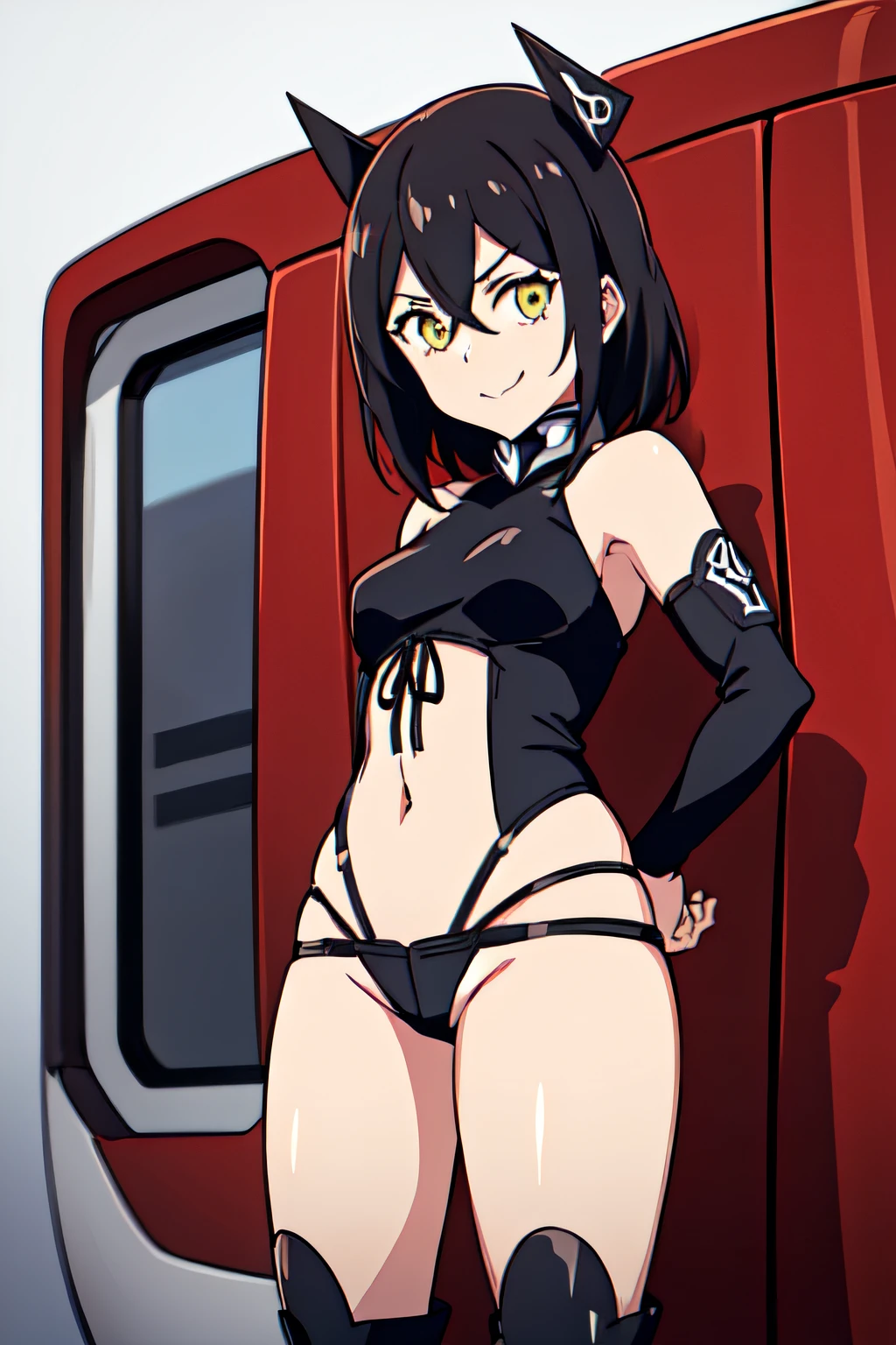 1GIRL,JUDGENORMAL,YELLOW EYES,SANGVIS FERRI,HIGHLEG PANTIES,BLACK HAIR,HEADGEAR,BARE SHOULDERS,BLACK SHORT SHORTS,HAIR BETWEEN EYES,SHOULDER ARMOR,THIGH BOOTS,ARMBAND, 1girl, solo, upper body, facing viewer, looking at viewer, smile.