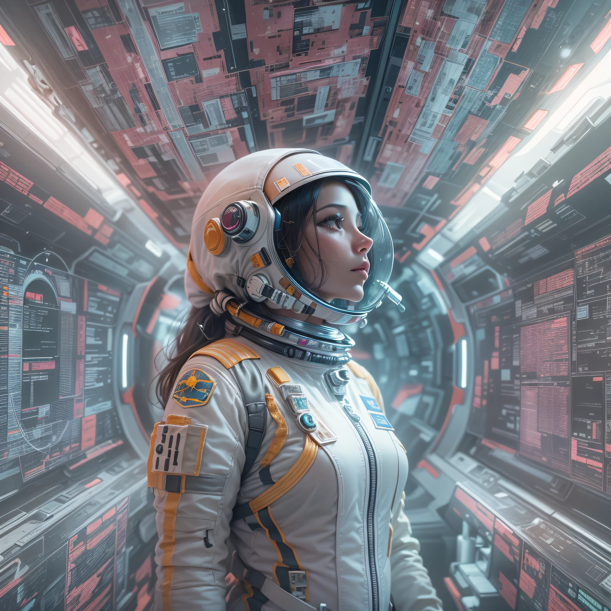 maximalist fashionable female astronaut preparing for lift off. maximalist sci-fi aesthetic. stunning maximalist interior shot of a starship cabin with lots of gadgets and controls, maximalist aesthetic. 8k, (Masterpiece:1.1, Highly detailed:1.1), ultra realistic, (top quality), (depth of field)