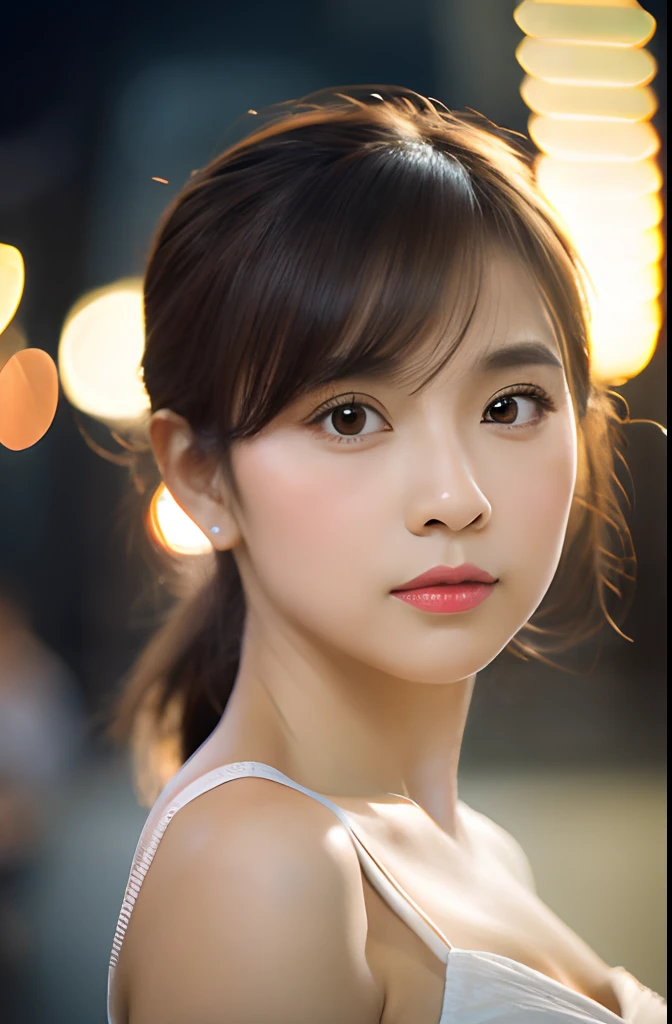 (4K, Best Quality, hight resolution:1.1), (Realistic, Photorealsitic:1), Flatchest Aska, (Cute:1.8), Cuties, Solo, (flat-chest:1.2), Detailed eyes, Brown eyes, Innocent eyes, blush, dressed casually, Masterpieces, Beautiful lights, movie lights, Movie Particles, Jewelry, Heart-shaped earrings, Bangs, Cherry lips, gaze at the audience, Upper body, Lips apart, Ponytail, Side Ponytail, Both sides facing up, depth of fields, Background blur, Eye focus, Bokeh, 85mm lens, F/1.4, Professional Lighting, Photon mapping, Radio City, Physically Based Rendering, high detailing, masutepiece,