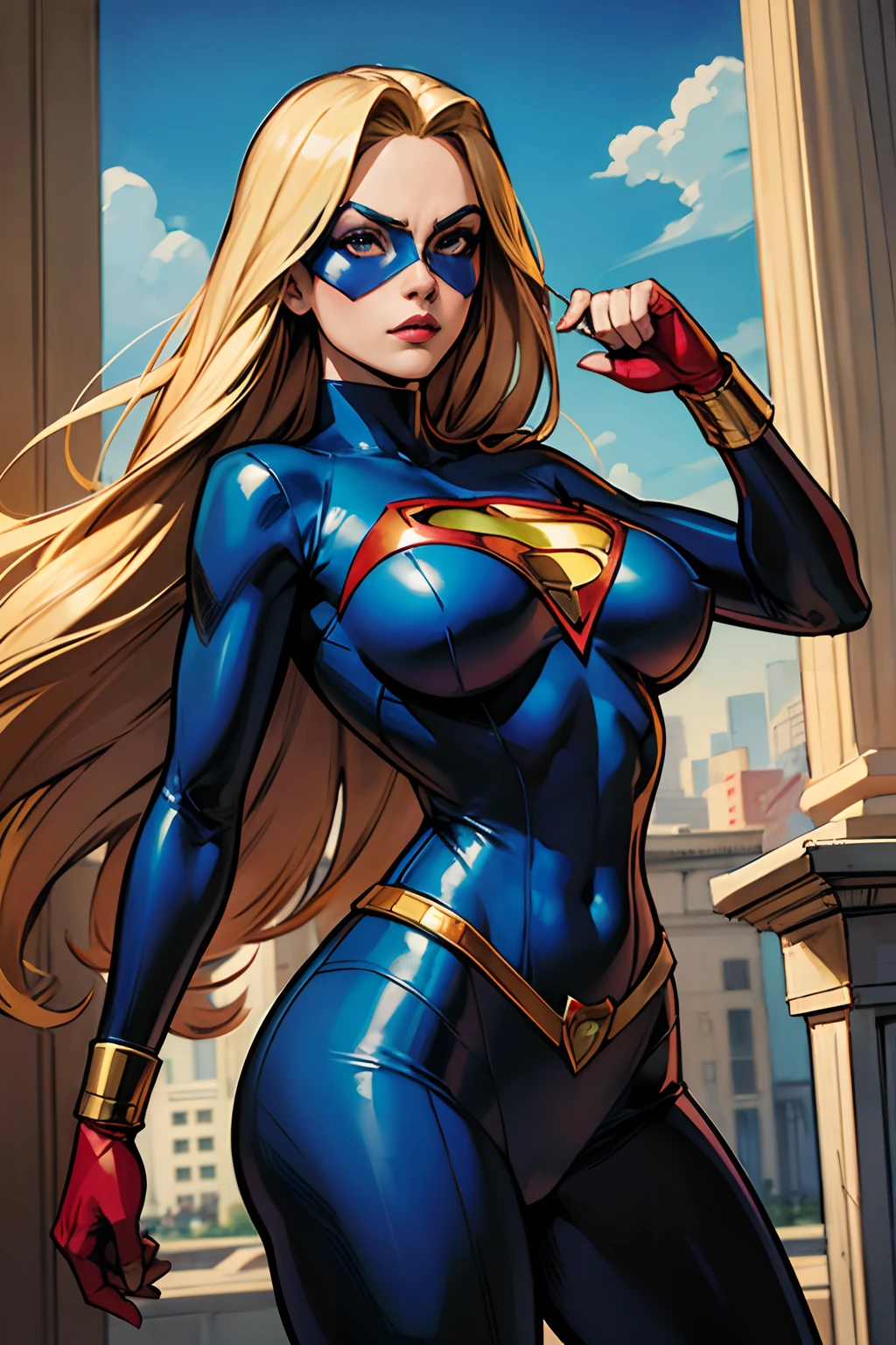 Inspirada na arte de John Romita Sr,1 young superheroine with long blond hair, Blue eyes covered by an emblematic mask, middlebreasts, cintura delgada, usando uniforme personalizado colado ao corpo, cor do uniforme vermelho e amarelo, superheroine call "Chama Dourada", Emanating from the hands a powerful energy, Standing in front of an immense concrete city, corpo inteiro, arte detalhada, art direction John Romita Sr.