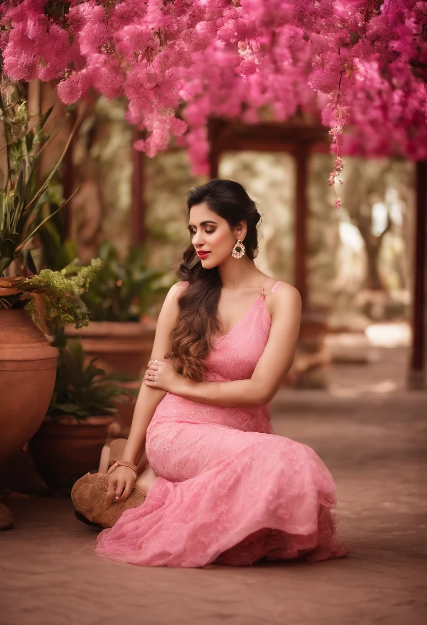 One wears a pink-pink slip dress, Delicate slip dress,The skirt is full of bear motifs,No one is out of the country, no one is out of the country,vogue photography,hyper HD,Master masterpieces,Sony SLR lens,Close-up,A meticulous face,A bit rough skin,Poster magazine