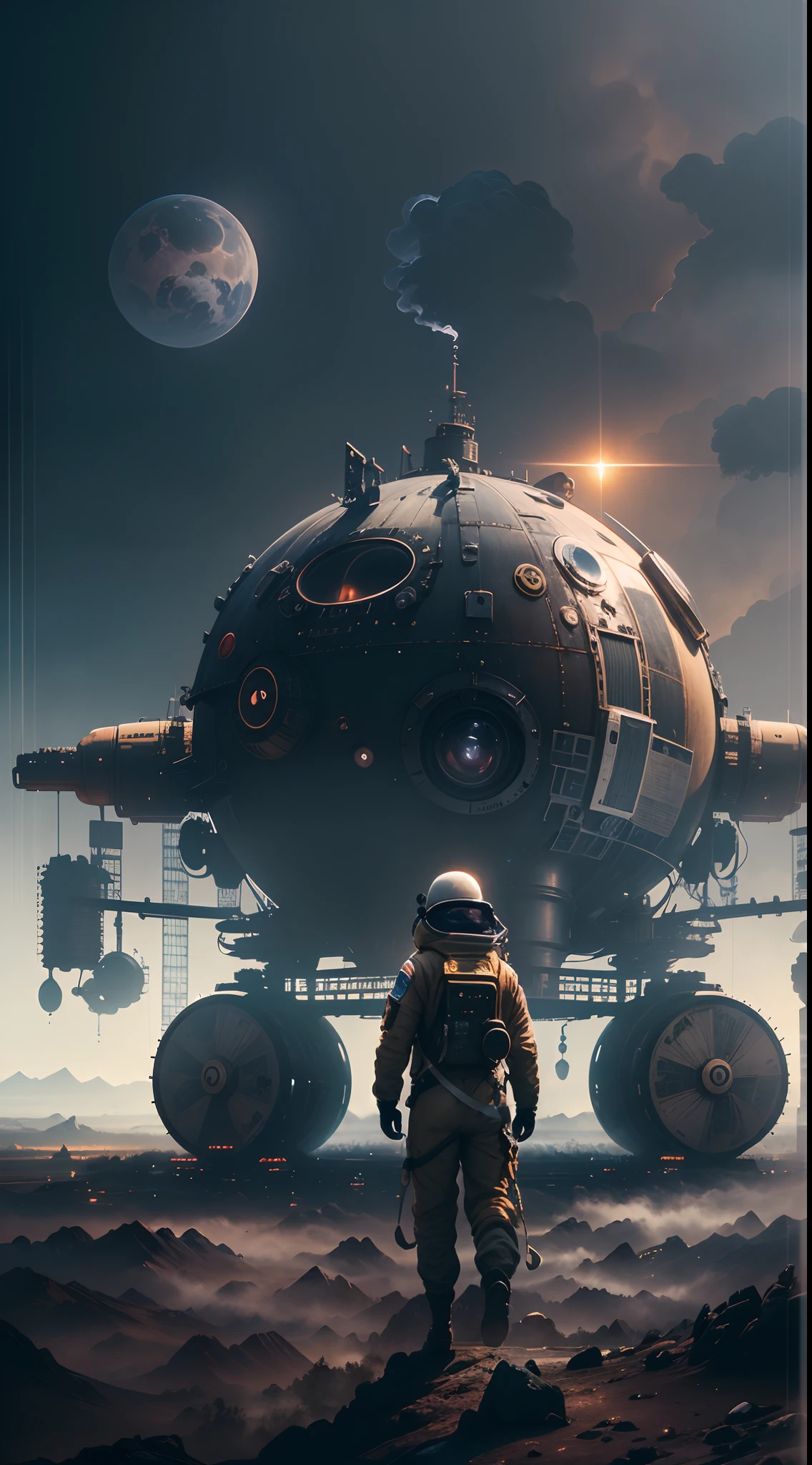 (Best quality,4K,8K,A high resolution,Masterpiece:1.2),(Realistic,Photorealistic,photo-realistic:1.37),Astronaut,Steam punk,film-noir,Otherworldly,Vivid colors,Dreamlike,Sci-fi,subtly lit,Atmospheric,view of the cosmos,Steam-powered machinery,Ethereal,hauntingly beautiful,Moody shadows,Retro-futuristic technology,Starlight fog,exploration,Adventure,Mystery,Galactic environment,exalted,Isolated heroine,Interstellar Travel,dramatic contrast,distant planets,Majestic face,Sci-fi fashion,Smoke and fog effects,contrasting textures,Timeless beauty