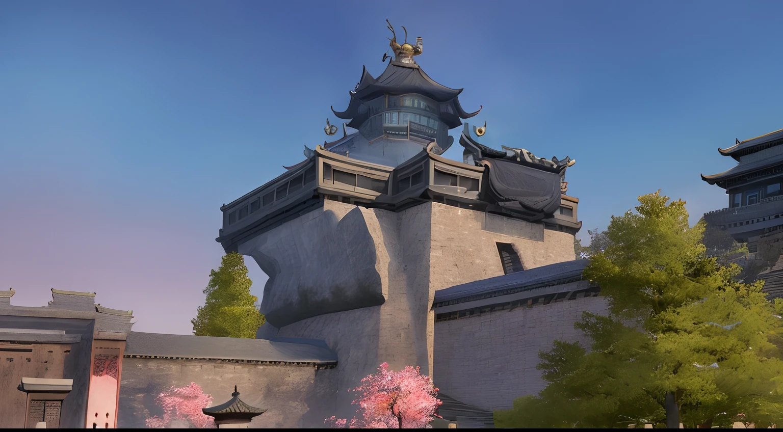 ((masterpiece)), (8k, high_resolution), (best quality),there is a clock on top of a building with a tree in front of it, ancien chinese tower, beautiful render of tang dynasty, temple of the sun, mysterious temple setting, ancient silver tower of the moon, palace floating in the sky, torri gate, fortress gateway, colonnade ornate headdress, heise jinyao, mythical shrine,perfect world game, lineage 2