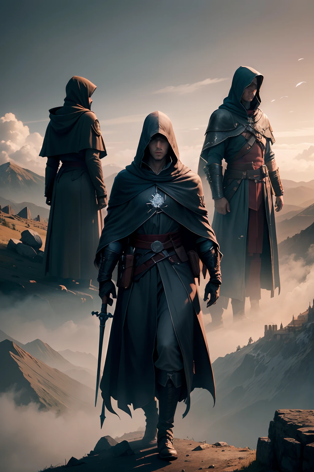 A group of four hooded and cloaked Templars stand atop a mountain, olhando para uma cidade envolta em chamas. The realism of the scene is eerie, with every detail of the Templar costume and the burning city rendered in stunning 4K resolution --auto