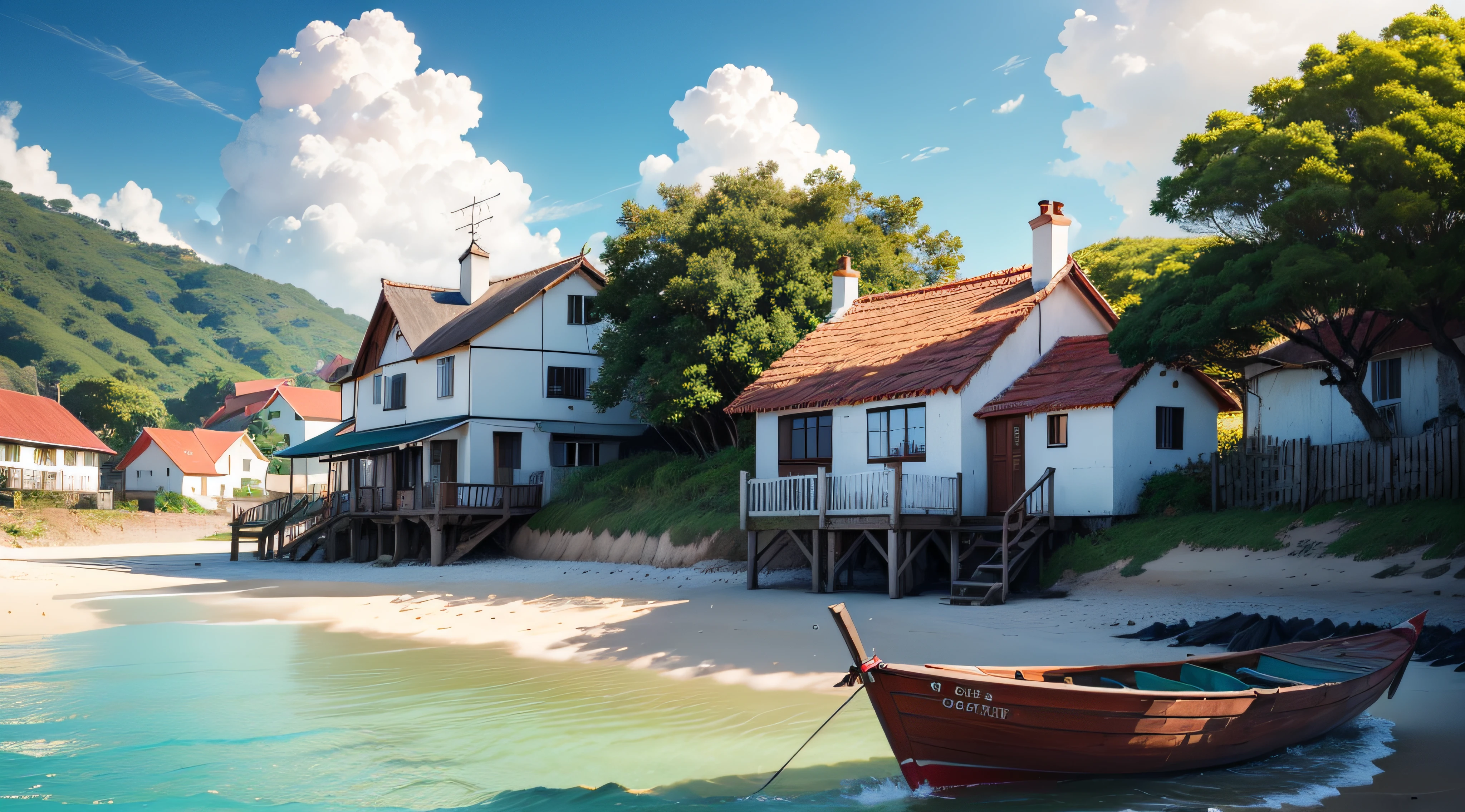 (Jesica Alba :1.1) red lips, green eyes at a Seaside cottage, Blue sky, Brasil, small boats, the detail, 8k HD, best quality,ultra - detailed, Illustration,Best