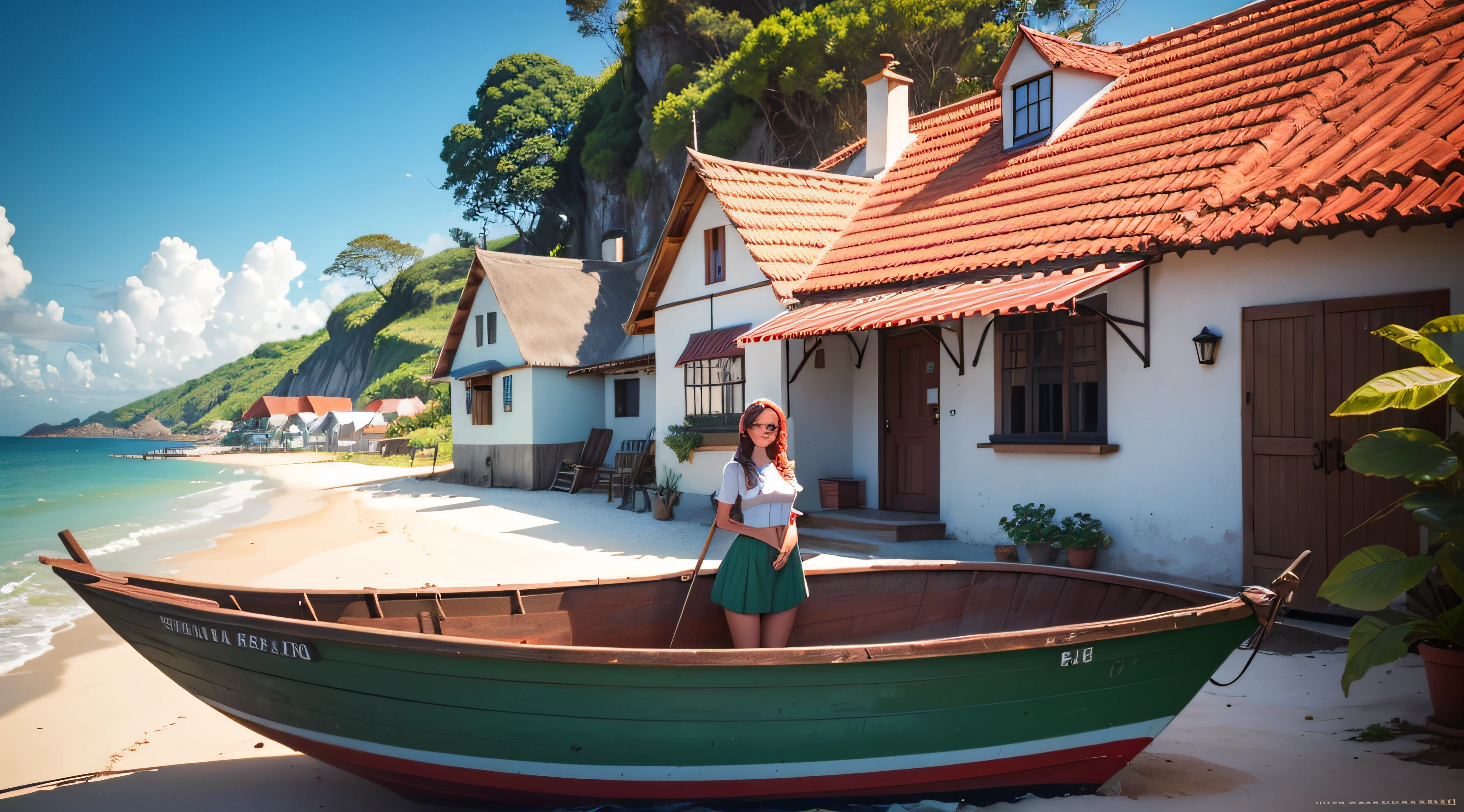 (Jesica Alba :1.1) red lips, green eyes at a Seaside cottage, Blue sky, Brasil, small boats, the detail, 8k HD, best quality，ultra - detailed, Illustration，Best