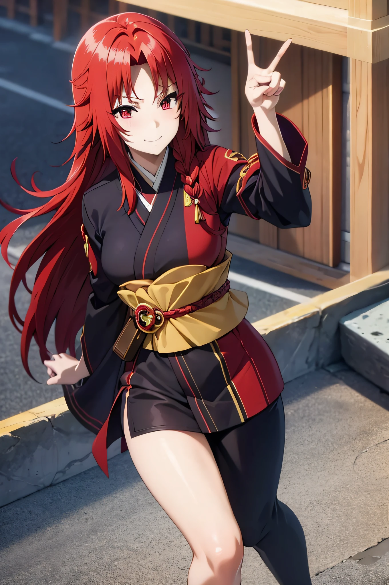 red eyes,red hair,horse stance,kimono,split legs,from bellow,embarrased,blush,cracked smile,v sign,peace sign,