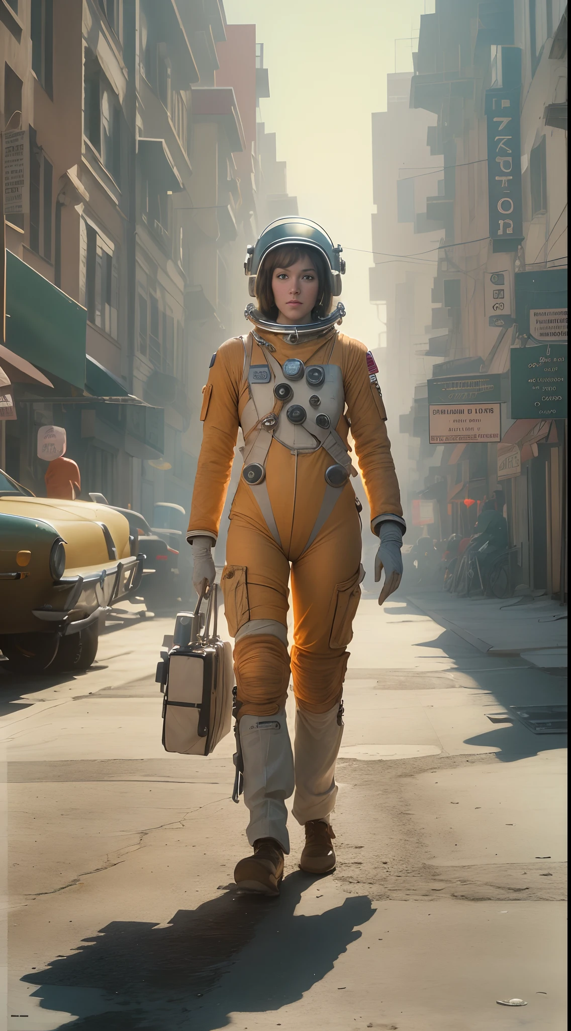 ((Best quality)), ((Masterpiece)), ((Realistic)), Color film 35mm 1976, Pulp sci-fi, director:Fred Wilcox, A female astronaut is photographed aboard a Mitchell BNC camera, Walk in the heart of the steampunk city, analog photograph, author:Stanley Kubrick, Wide shot, Solo, Daylight, Eye-level, scenic, Masterpiece :0.5. Highly detailed digital art masterpiece, Smooth cam de soft light, Ground angle HD 8 K, Sharp focus :0.5