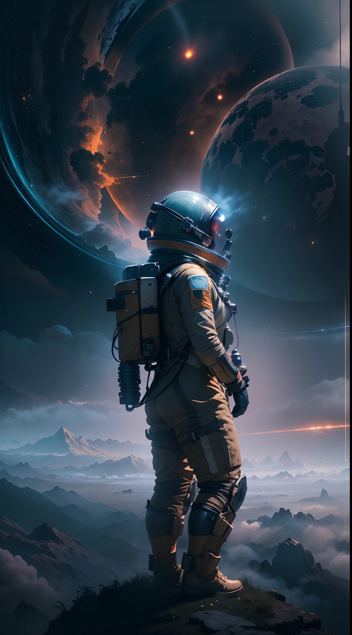 (Best quality,4K,8K,A high resolution,Masterpiece:1.2),(Realistic,Photorealistic,photo-realistic:1.37),Astronaut,Steam punk,film-noir,Otherworldly,Vivid colors,Dreamlike,Sci-fi,subtly lit,Atmospheric,view of the cosmos,Steam-powered machinery,Ethereal,hauntingly beautiful,Moody shadows,Retro-futuristic technology,Starlight fog,exploration,Adventure,Mystery,Galactic environment,exalted,Isolated heroine,Interstellar Travel,dramatic contrast,distant planets,Majestic face,Sci-fi fashion,Smoke and fog effects,contrasting textures,Timeless beauty