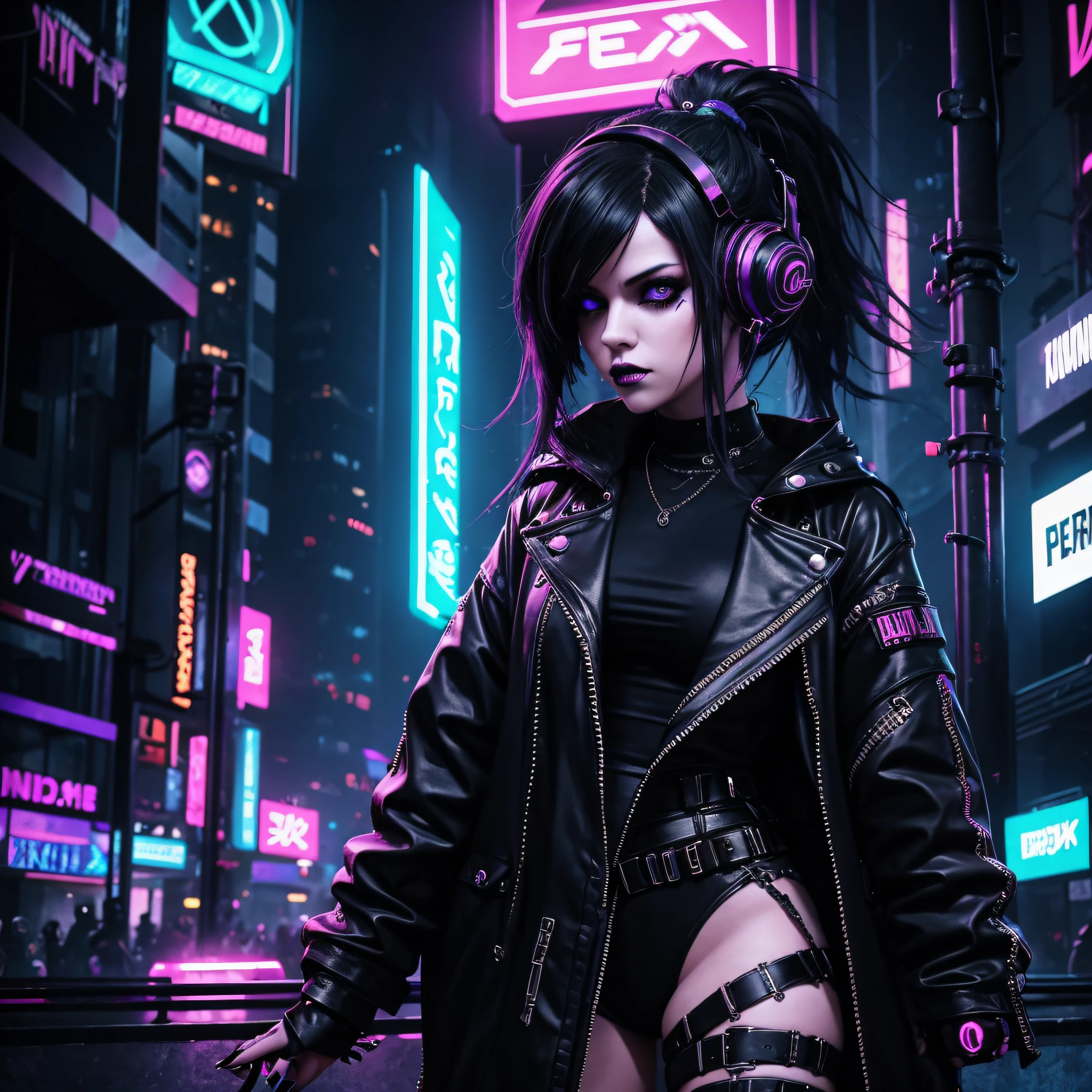 Immerse yourself in a world of cyberpunk and music, as a goth girl takes center stage in a neon-lit city, her powerful voice and fierce attitude captivating the audience.