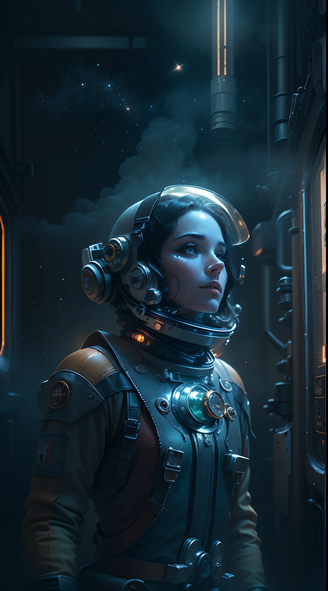 (Best quality,4K,8K,A high resolution,Masterpiece:1.2),(Realistic,Photorealistic,photo-realistic:1.37),Astronaut,Steam punk,film-noir,Otherworldly,Vivid colors,Dreamlike,Sci-fi,subtly lit,Atmospheric,view of the cosmos,Steam-powered machinery,Ethereal,hauntingly beautiful,Moody shadows,Retro-futuristic technology,Starlight fog,exploration,Adventure,Mystery,Galactic environment,exalted,Isolated heroine,Interstellar Travel,dramatic contrast,distant planets,Majestic face,Sci-fi fashion,Smoke and fog effects,contrasting textures,Timeless beauty