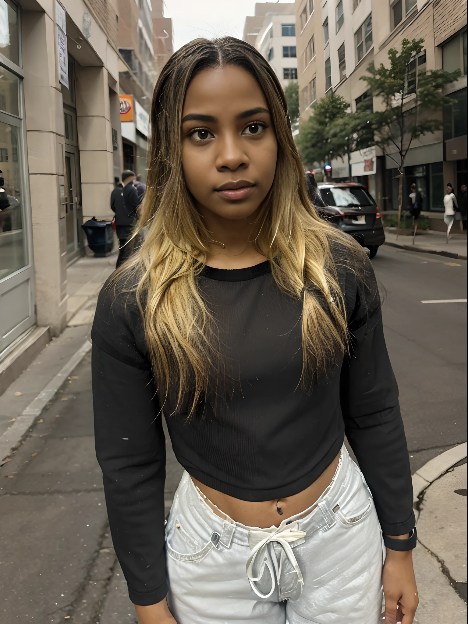 Trinity, standing, in the streets of Detroit, braided hair, solo:1.2, African American features, black skin, black hair