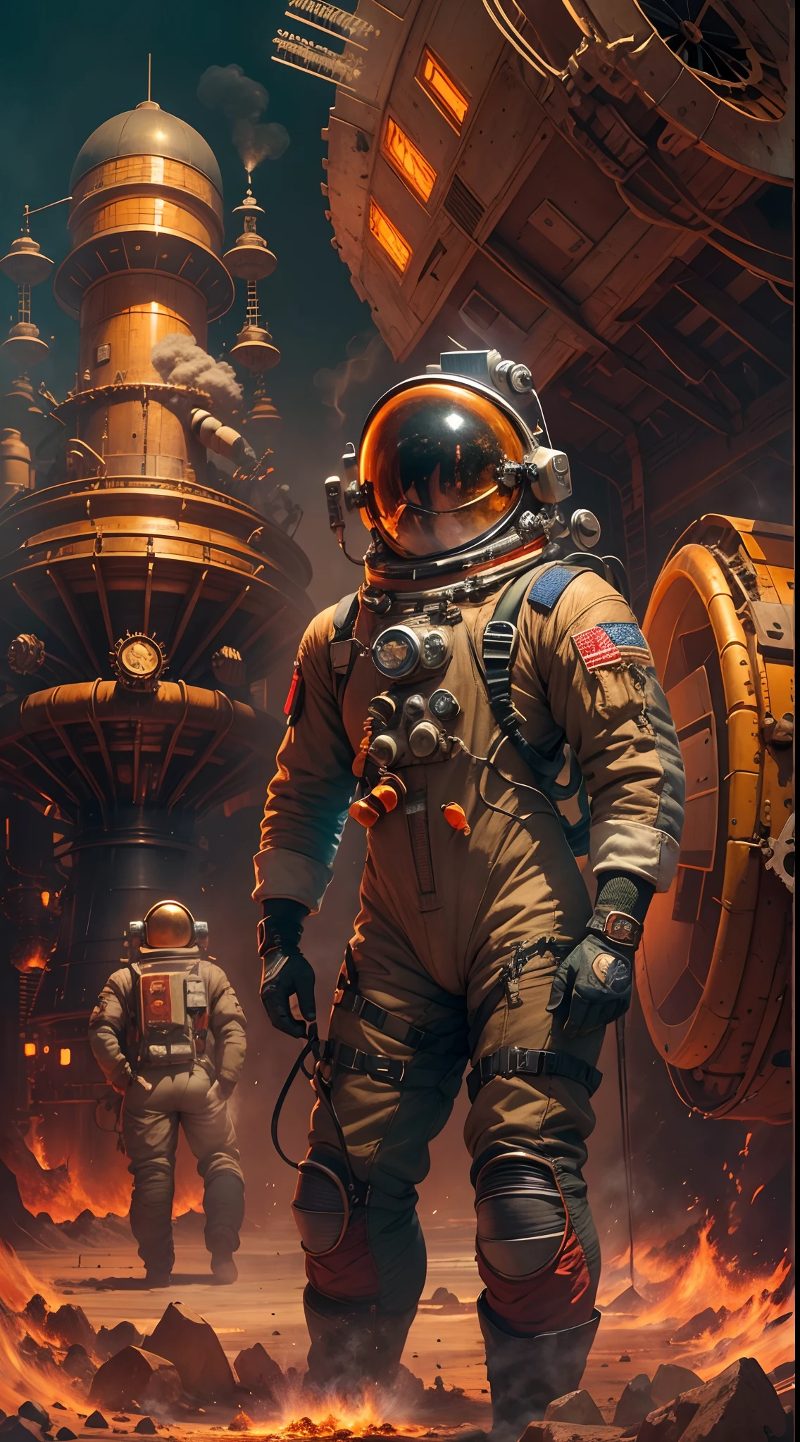 A year, (Vintage astronauts)Explore steampunk-style spaceships, Surrounded by gears, Brass tube, and steam vents, with dynamism, Saturated colors, Dramatic lighting, And the feeling of adventure and exploration. (Best quality, 4K, A high resolution), (Ultra-detailed, Realistic:1.37), vintage movie, steampunc, Astronaut, Spacecraft, gear wheel, Brass tube, steam vents, Vibrant colors, Dramatic lighting