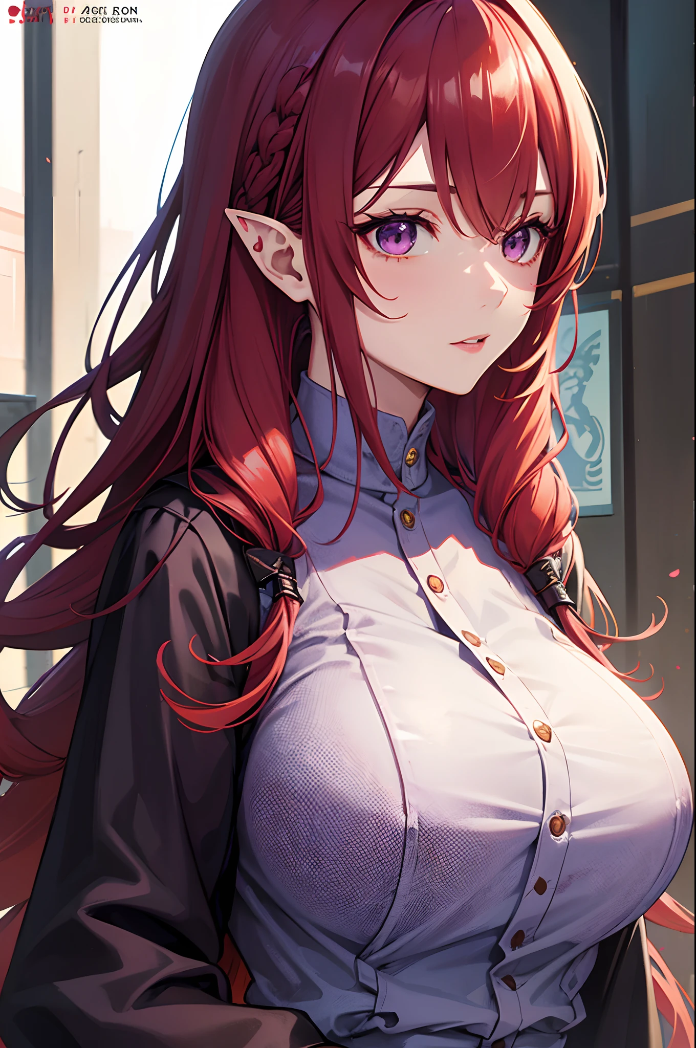 Cover magazine, solo, 1woman, anime, woman, Onee-san, adult woman, mommy, solo, long hair, unusual hairstyles, red hair, purple eyes, sharp ears, model, actress, beautiful, dragon, soft smile, dragon horn, casual clothes, casual style, big breast, Sunglasses, lipstick