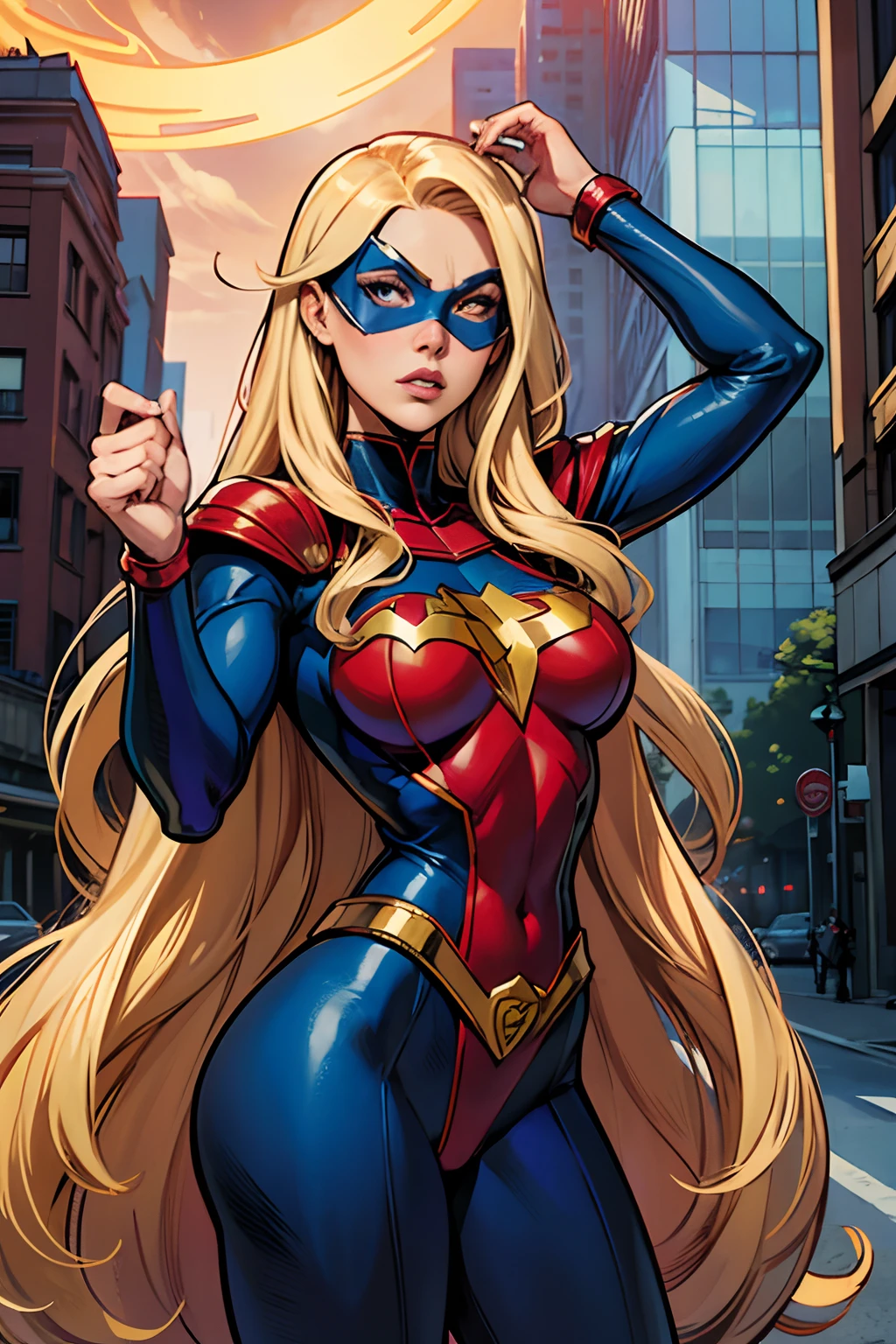 Inspirada na arte de John Romita Sr,1 young superheroine with long blond hair, Blue eyes covered by an emblematic mask, middlebreasts, cintura delgada, usando uniforme personalizado colado ao corpo, cor do uniforme vermelho e amarelo, superheroine call "Chama Dourada", Emanating from the hands a powerful energy, Standing in front of an immense concrete city, corpo inteiro, arte detalhada, art direction John Romita Sr.