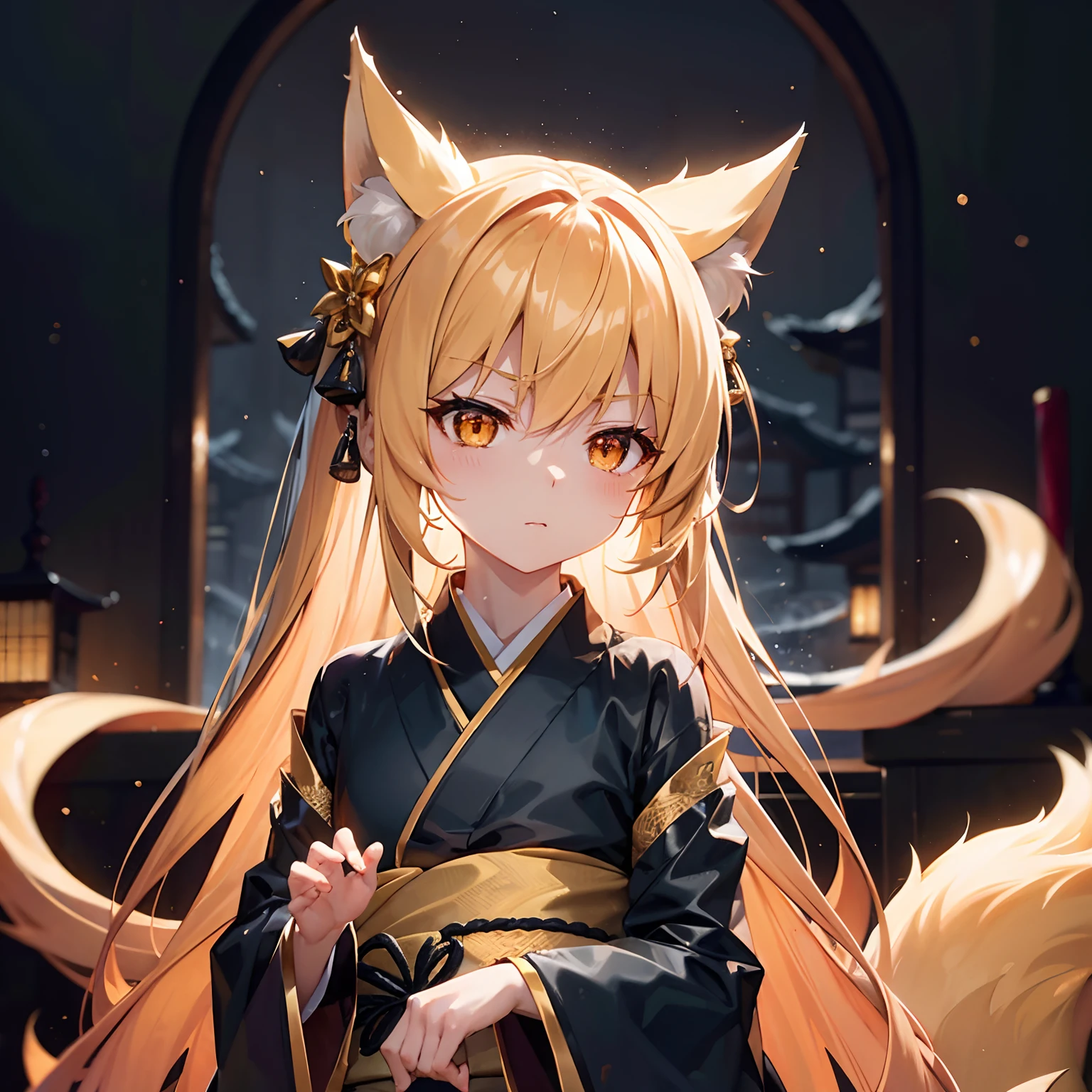 Golden Fox、Lots of Tails、Golden Eyes、length hair、high volume of hair、1人の女性、Bewitching atmosphere、Little Devil's Expression、Deities々Background、Traditional kimono、12 Simple、Fantastic light effects