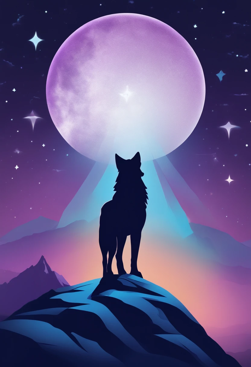 A logo, made in a style like it was hand made drawing, use the colors purple, dark blue, ciano blue and a white line simple contour. The logo is a wolf on top of the clif of a mountain, make only the top of the mountain. The wolf is lookin at tree stars close, like orion, up in the sky, and he is positioned so that his chest is toward the viewer and his head is pointing to the stars.