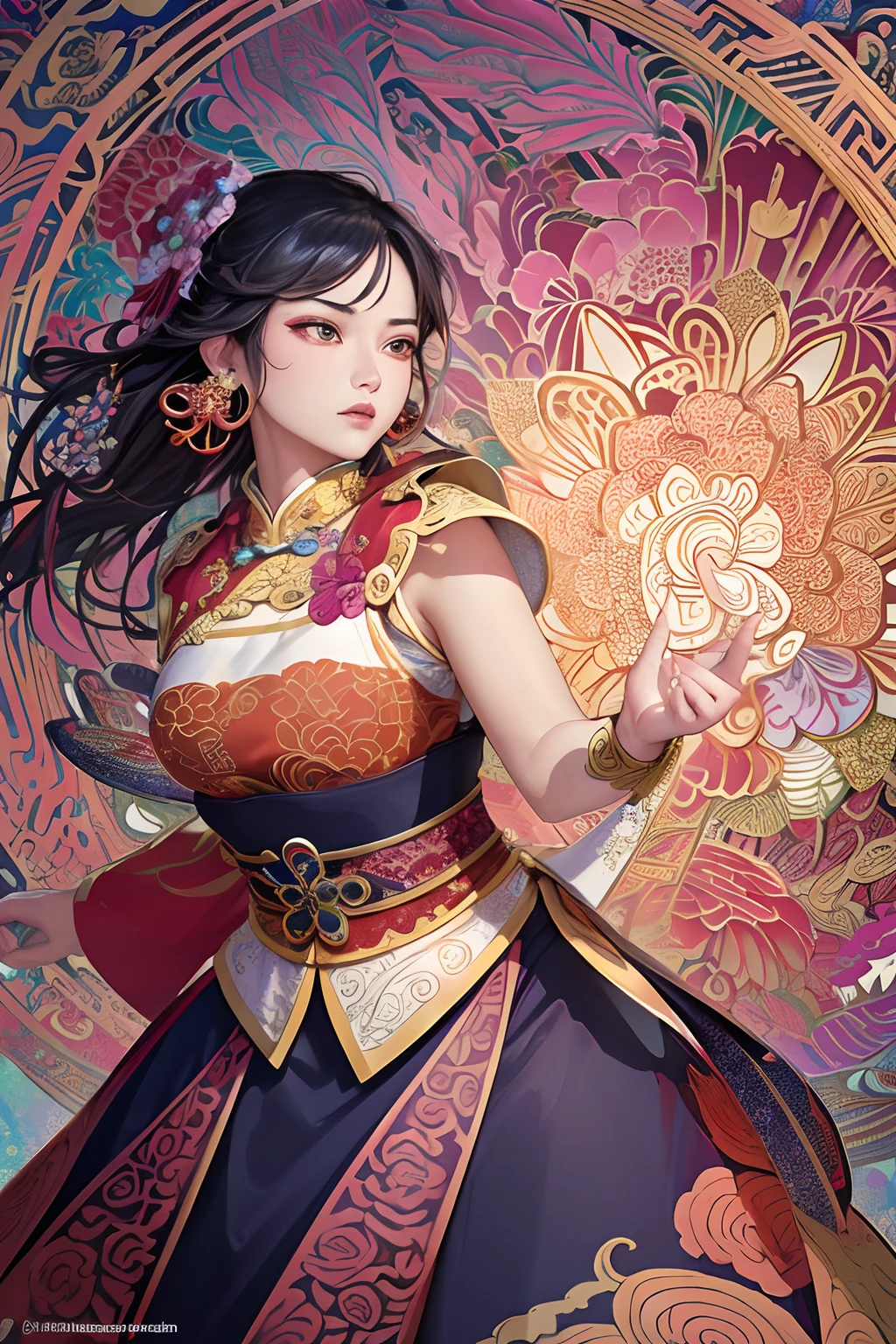 (masterpiece, top quality, best quality, official art, beautiful and aesthetic:1.2), mulan fighting, extremely detailed,(fractal art:1.1),(colorful:1.1)(flowers:1.3),highest detailed,(zentangle:1.2), (dynamic pose), (abstract background:1.3), (chinese Traditional cloth:1.2), (shiny skin), (many colors:1.4), ,(earrings:1.4),