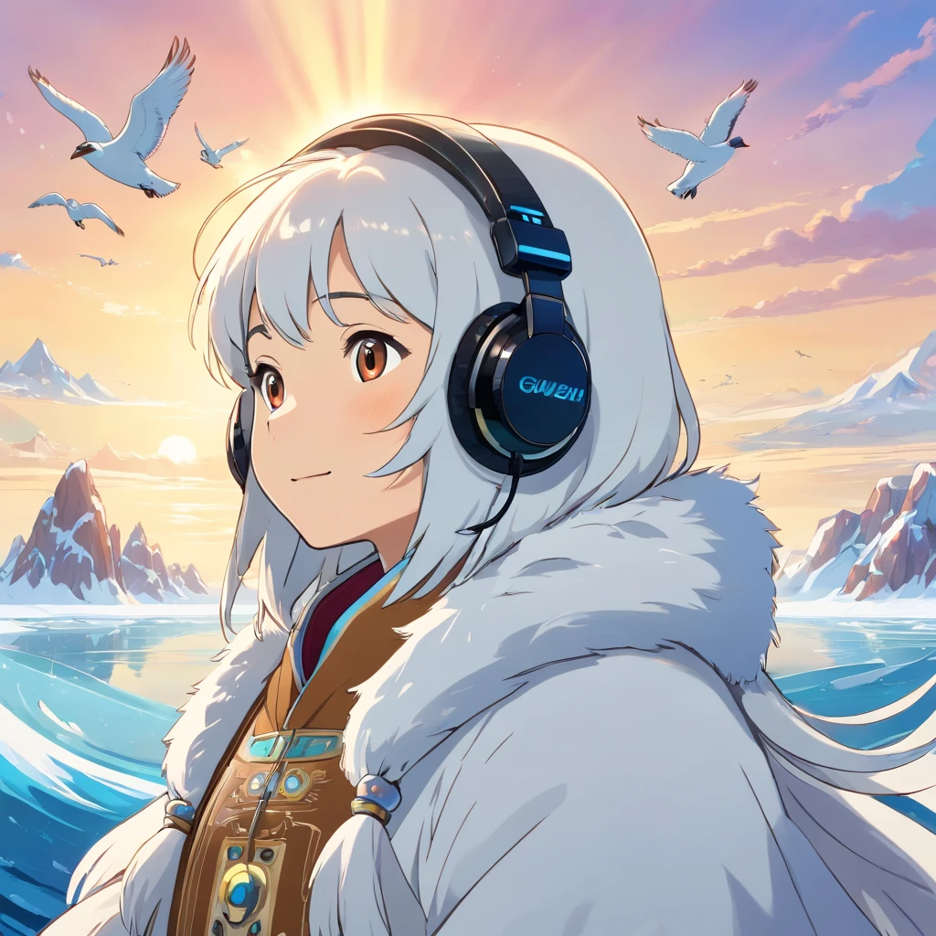 Spring Tundra, Clear sky and breeze blowing hair, Birds are flying, Old Yakut-Chukchi Man, Aleutian, in national clothes made of animal skins and fur with bright colored ornaments, Hood with fur folded back, The wind develops bright ribbons with national beaded patterns, Sits on a large genuine leather bag, On a huge ice floe of iceberg next to a small jukebox, Smiling. On Ears Futuristic Music Audio Headphones With Glowing Wires For Music. The ocean in the background. There are a lot of walruses nearby, Wild Polar Bears. Masterpiece, hiquality, High Resolution, Detailed background, sun rising,