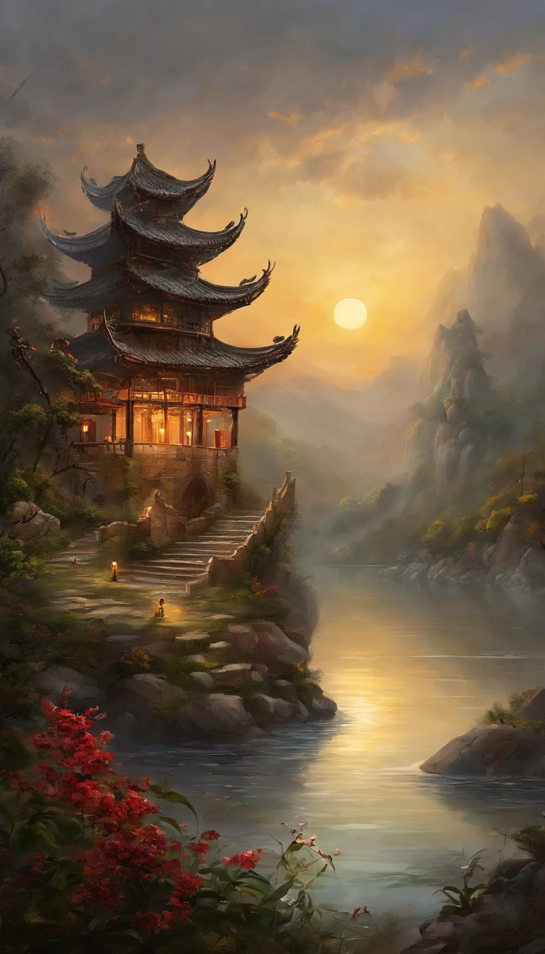 I was a tear that lingered at the turn of that year，
You can still smell rouge in the wind，
If I carve my promise on the banks of that river，
Coldwater River，Ocean of full moon，
I have been waiting for you under the tree of time for a long time，
Dusty people pestered me, Slander me, Laugh at me, I turned white，
You see paper kites chasing the sunset that day，
Look back like a lantern，Say goodbye to the night，
My heart was banished like quicksand，
If you return again, You will turn the world upside down，
If it rains that autumn night, The birds are also soaked，
Under the flower walls is a withered yellow，
Herren. Jun's position：Qiantang East，
The concubine was in Lin'an North，
Jun turns brown and red，
The little slave's waist was yellow，
The compass is missing，
Miscasting in the Spring Pavilion，
The slave went to Hangcheng，
Jun was born in Hangzhou，
（Extremely detailed picture），（8k wallpaper），（Movie lighting），（cinema4d），（delamination），（Depth of field effect），（Noticeable light and shadow effects），（Light particle tracing），（an Chinese ink painting style），（Master painting），（Unreal 5），（rendering by octane），（Master masterpieces），（Photography Award），（Rich and diverse color expressions），realisticlying，Masterpiece，Inspired by songs《Flower fairy》，Ray