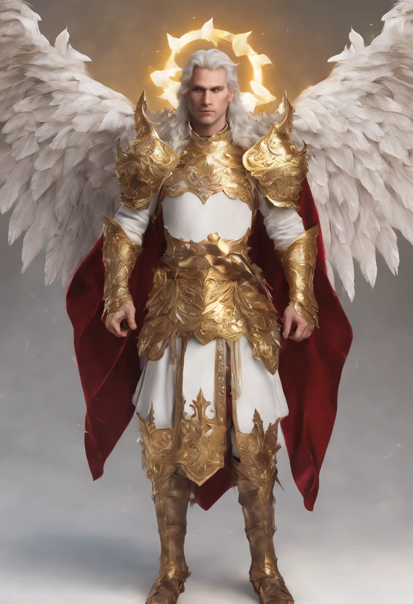 wearing golden armour，red color eyes，White-haired male angel，Virtual scene design that cleanses all the angels, Surreal visual representation, Magnificent architecture, Exquisite details,（blender, oc rendered, Natural light, Ray tracing, 8K）
